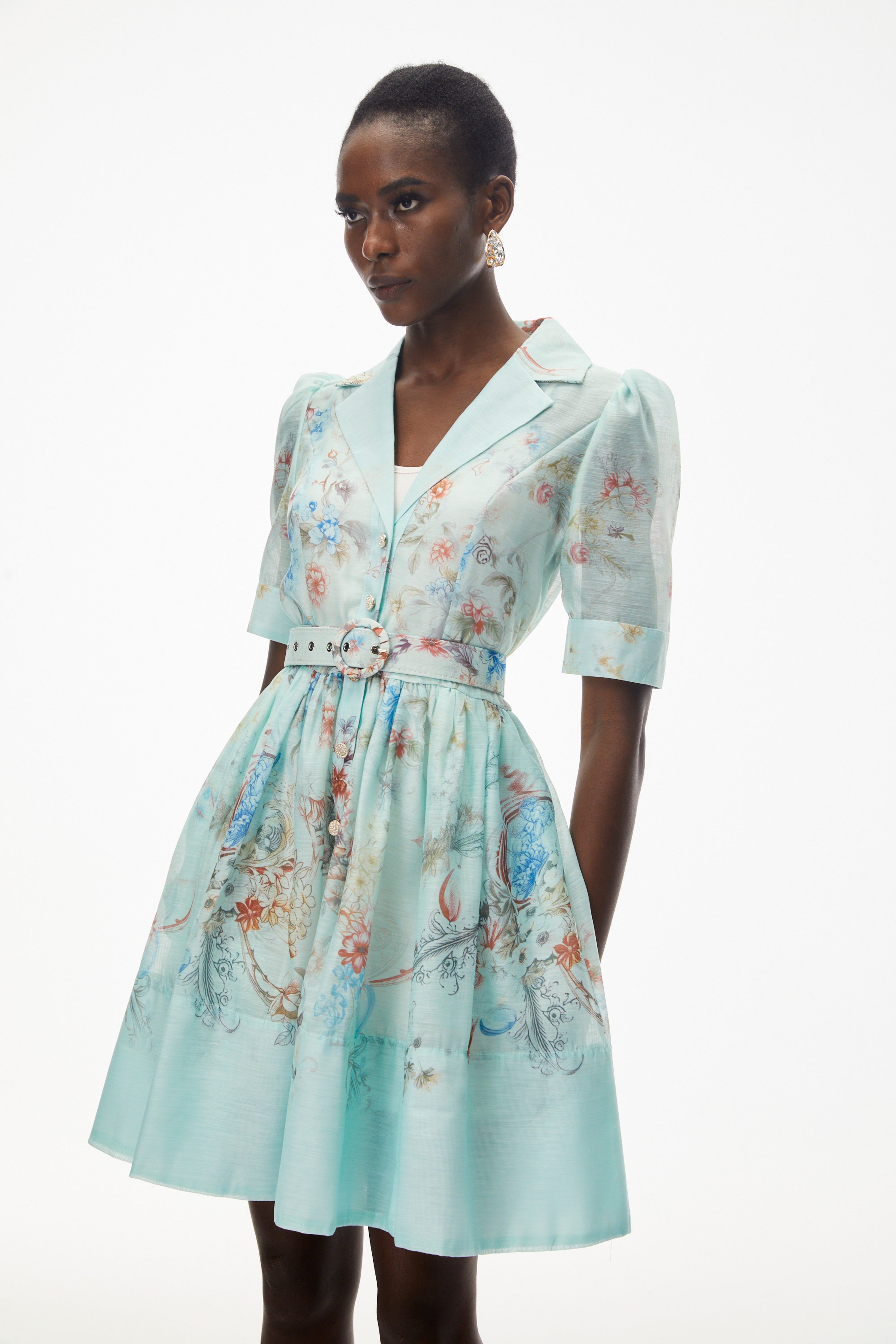 Elisheva Mint Green Floral Print Mini Dress