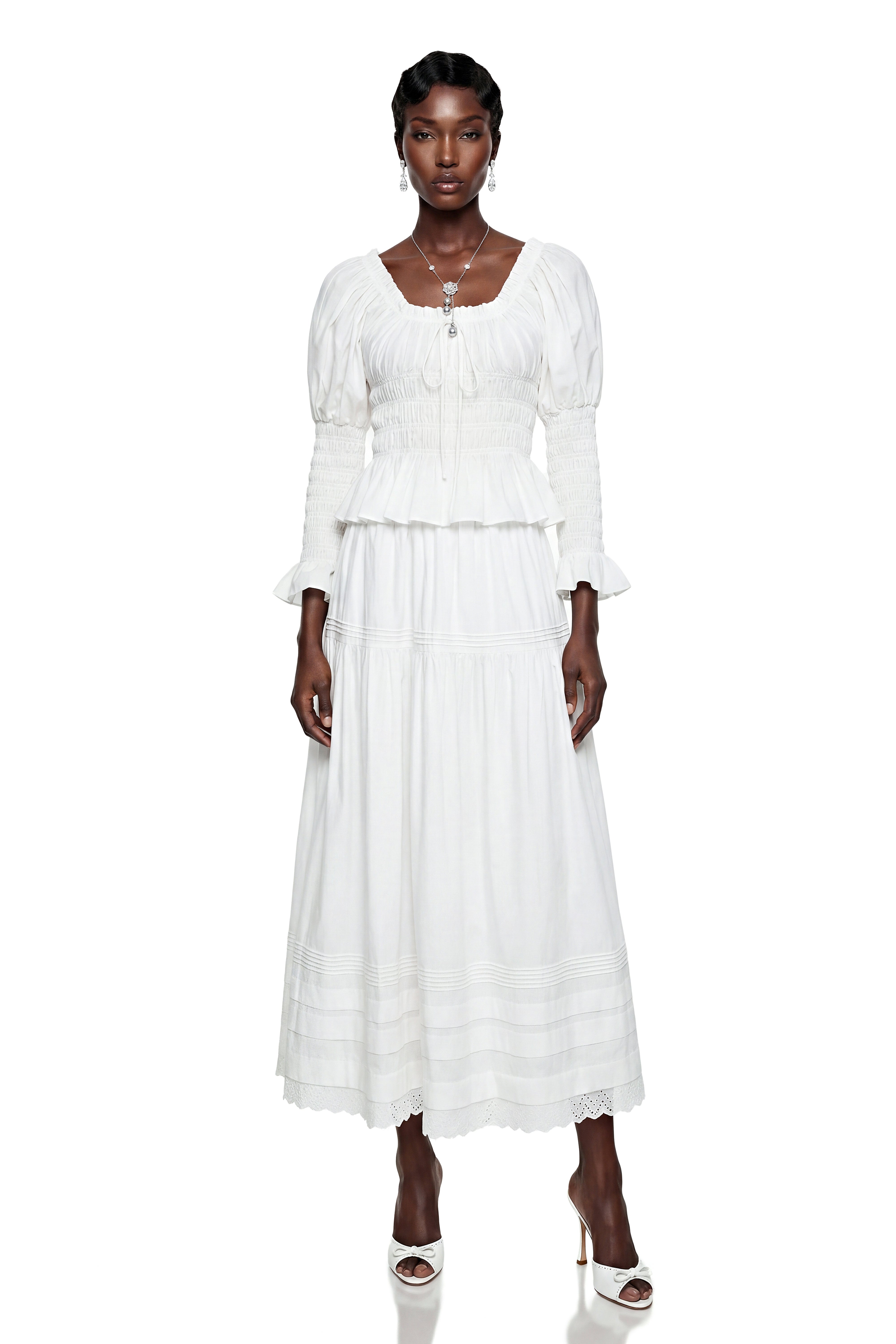 Eliza White Ruched Blouse & Skirt Set