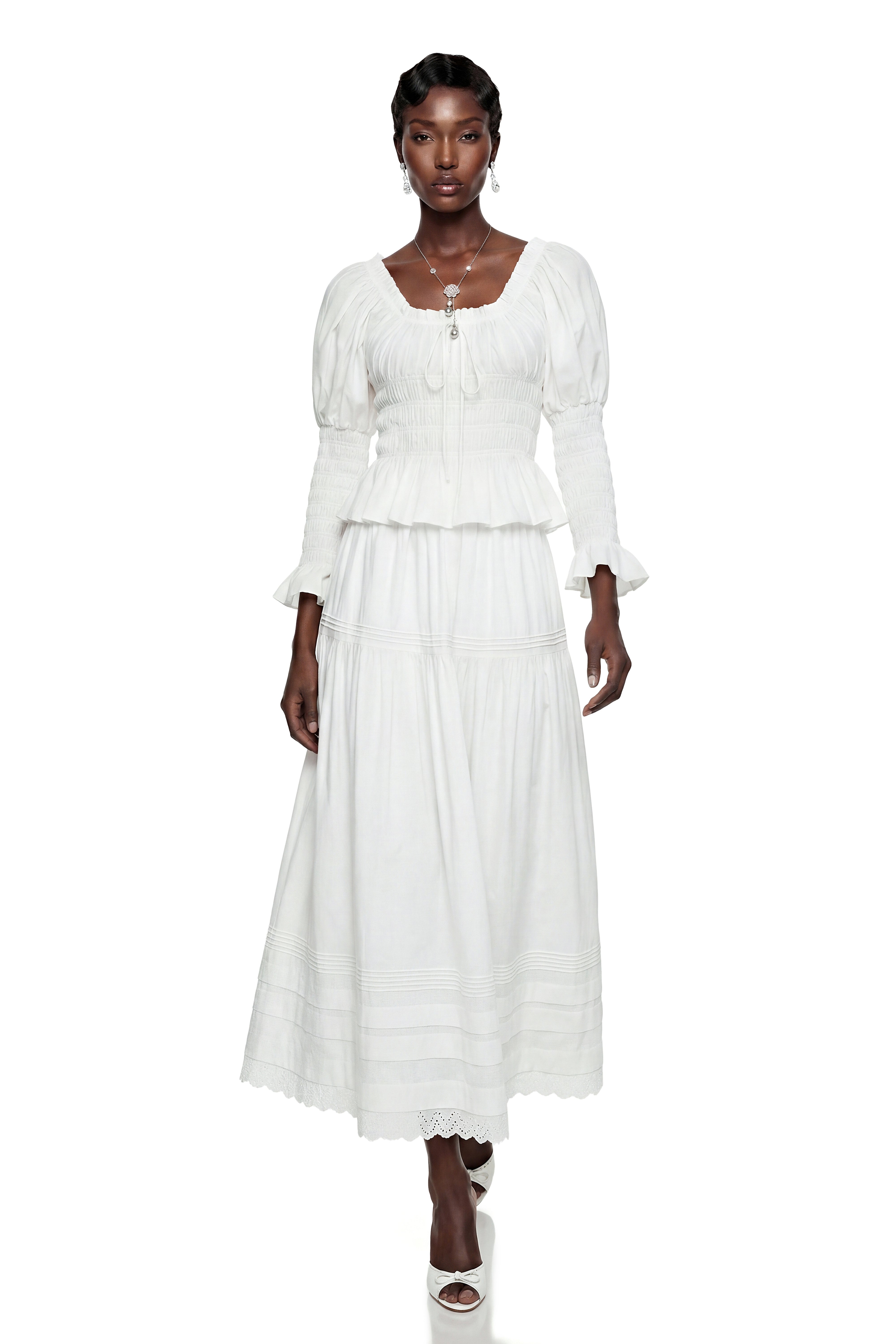 Eliza White Ruched Blouse & Skirt Set