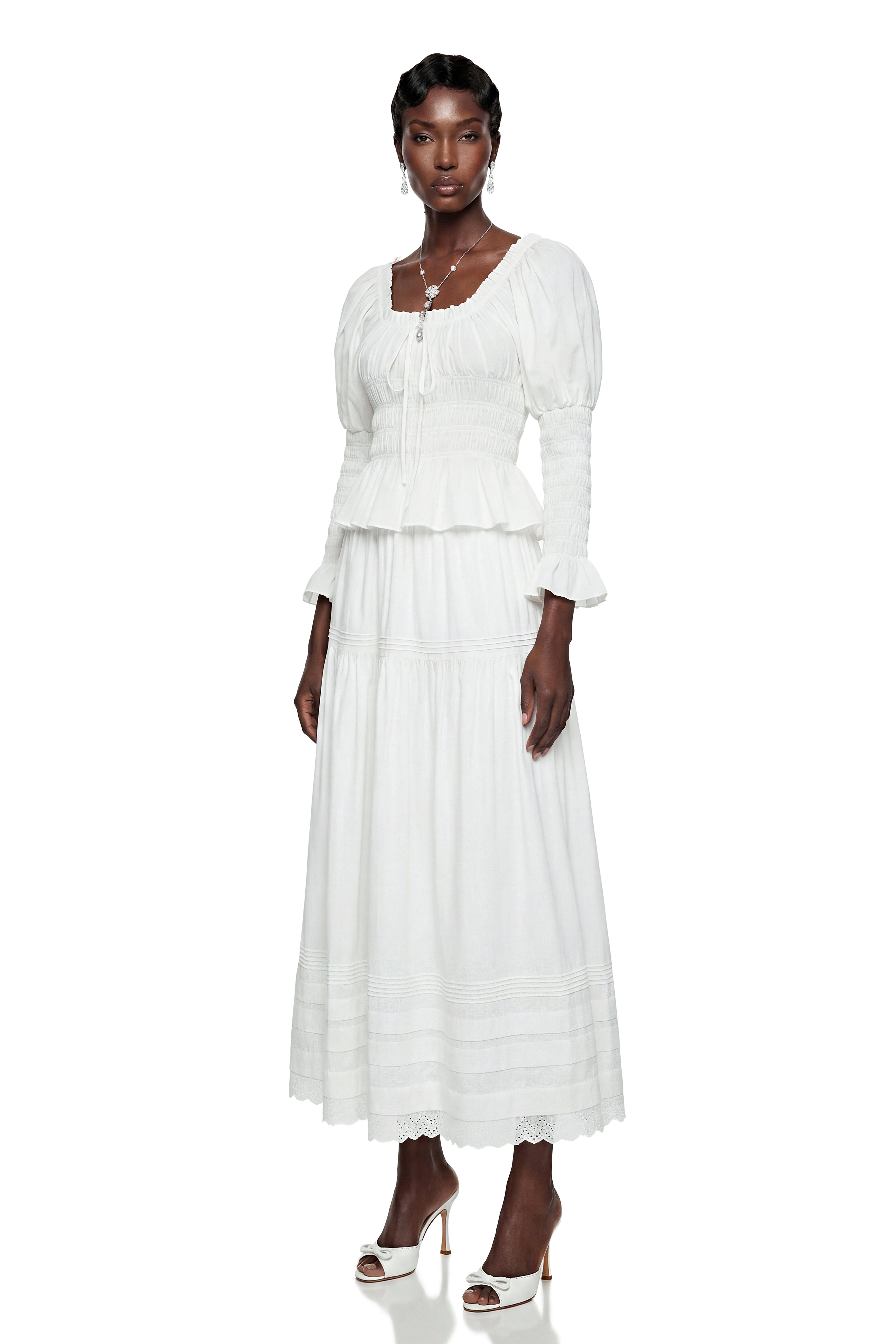 Eliza White Ruched Blouse & Skirt Set