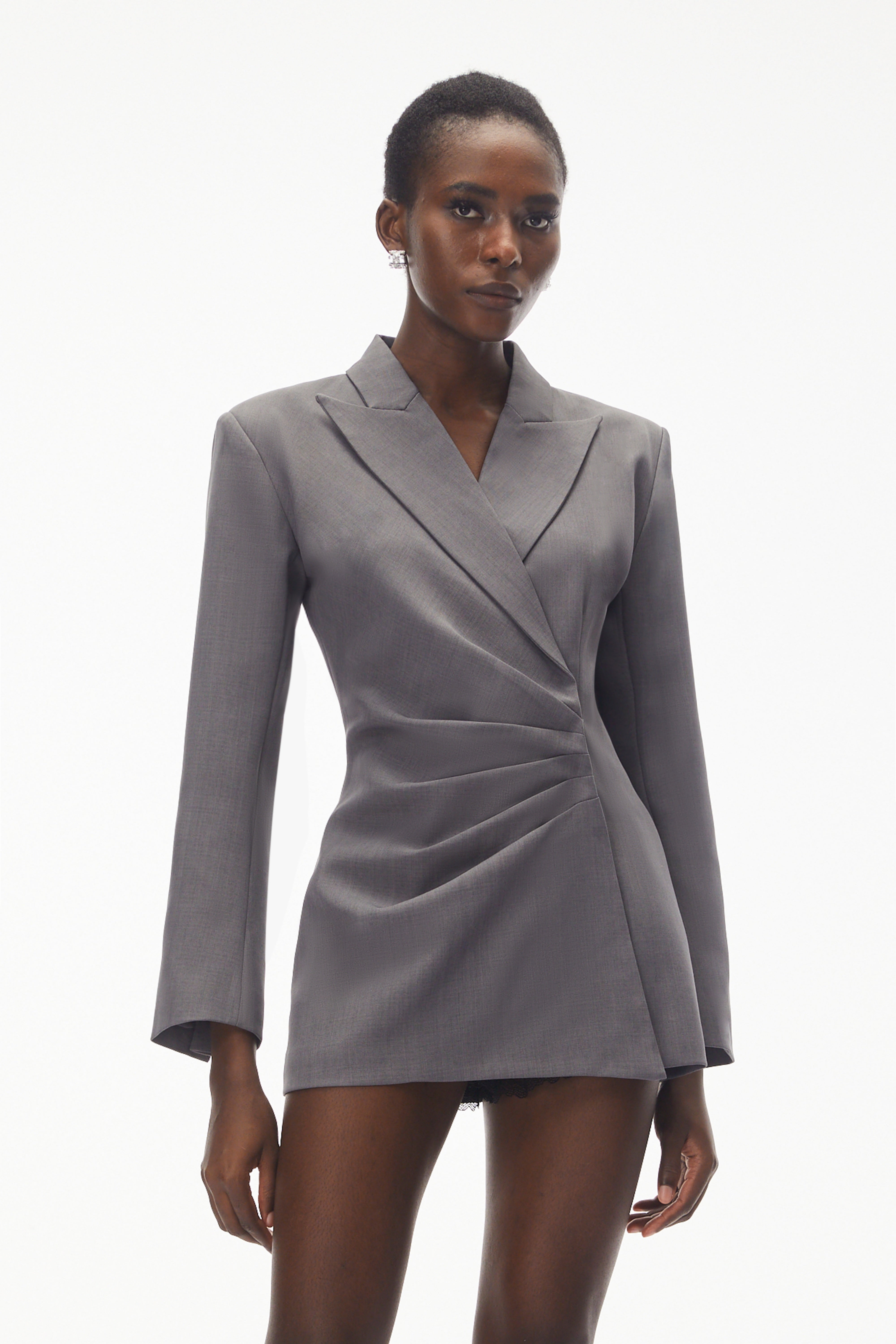 Eliza Grey Asymmetrical Ruched Blazer