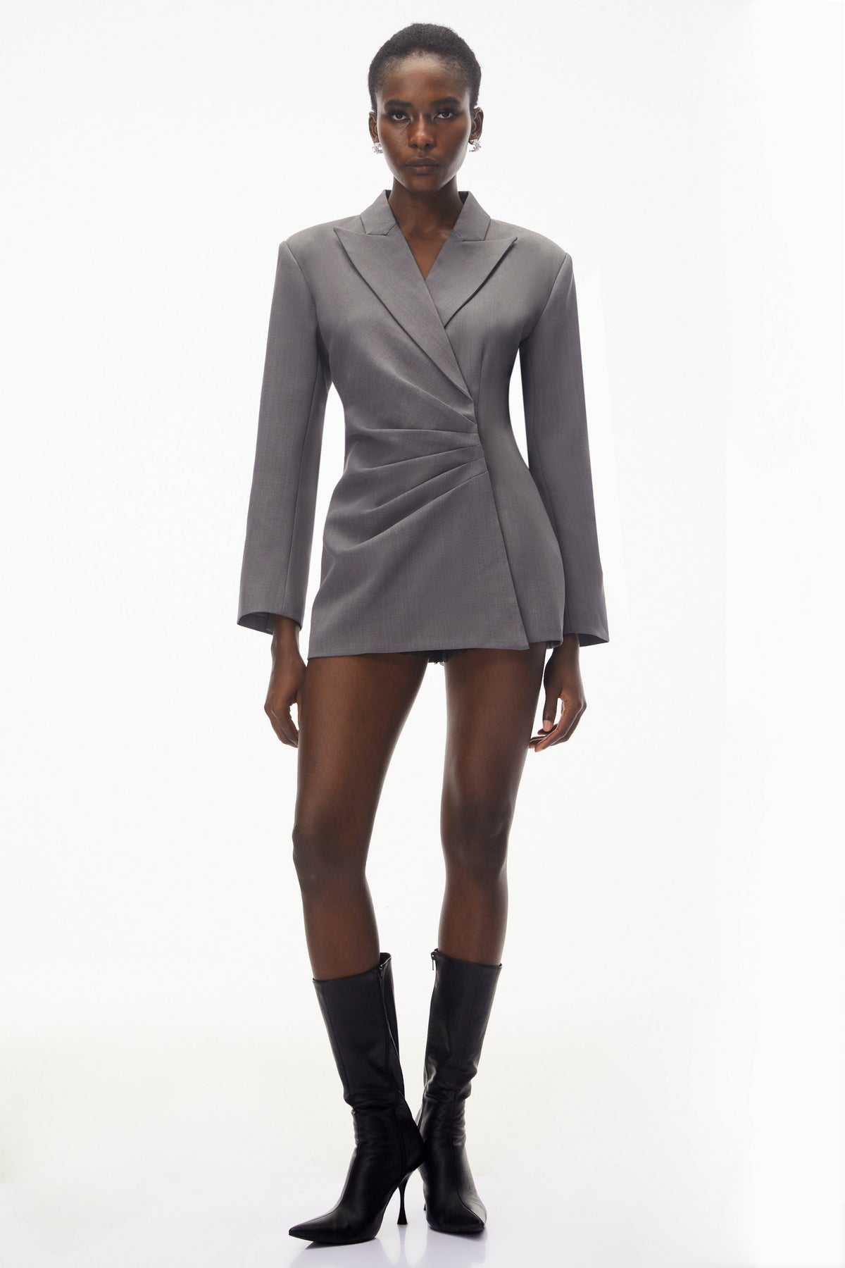 Eliza Grey Asymmetrical Ruched Blazer