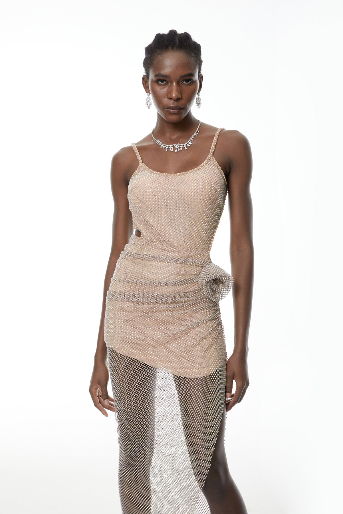 Eliza Champagne Rhinestone Ruched Maxi Dress