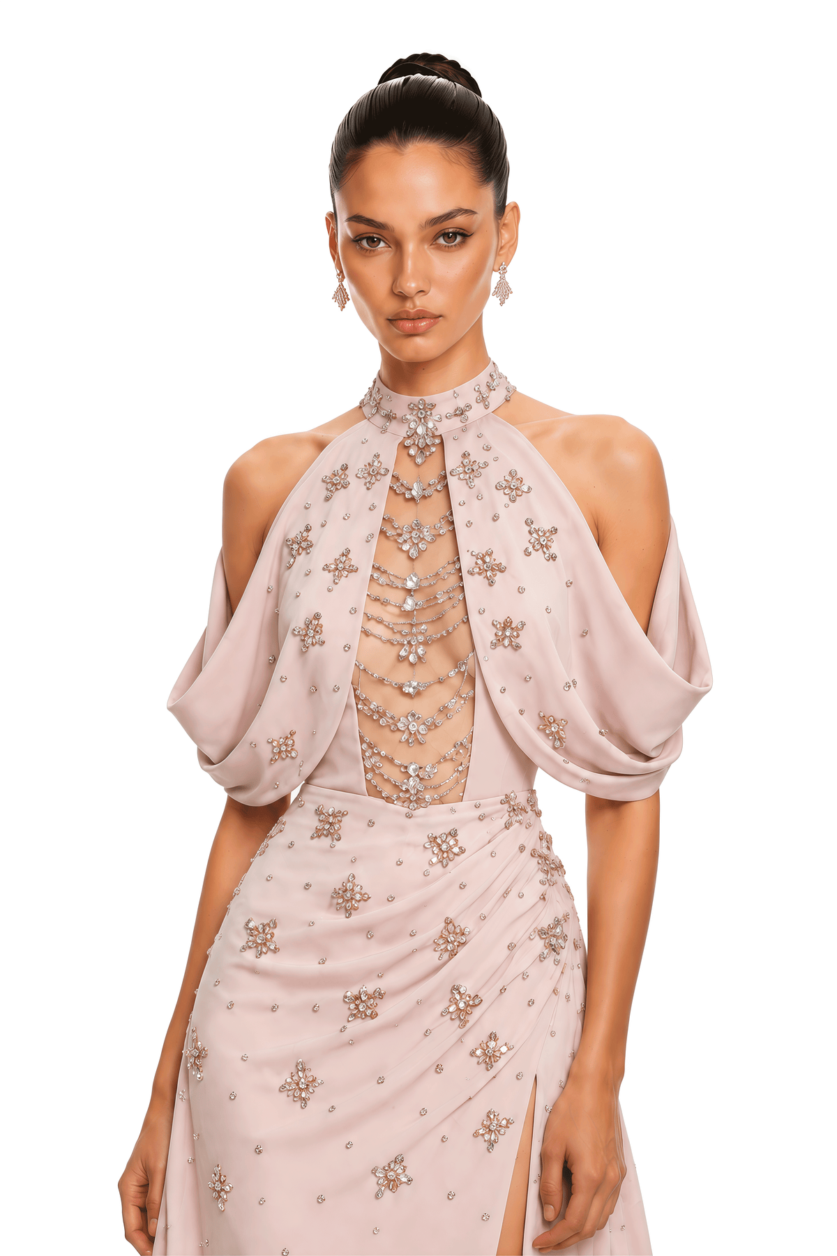 elizah blush pink embellished halter draped maxi gown