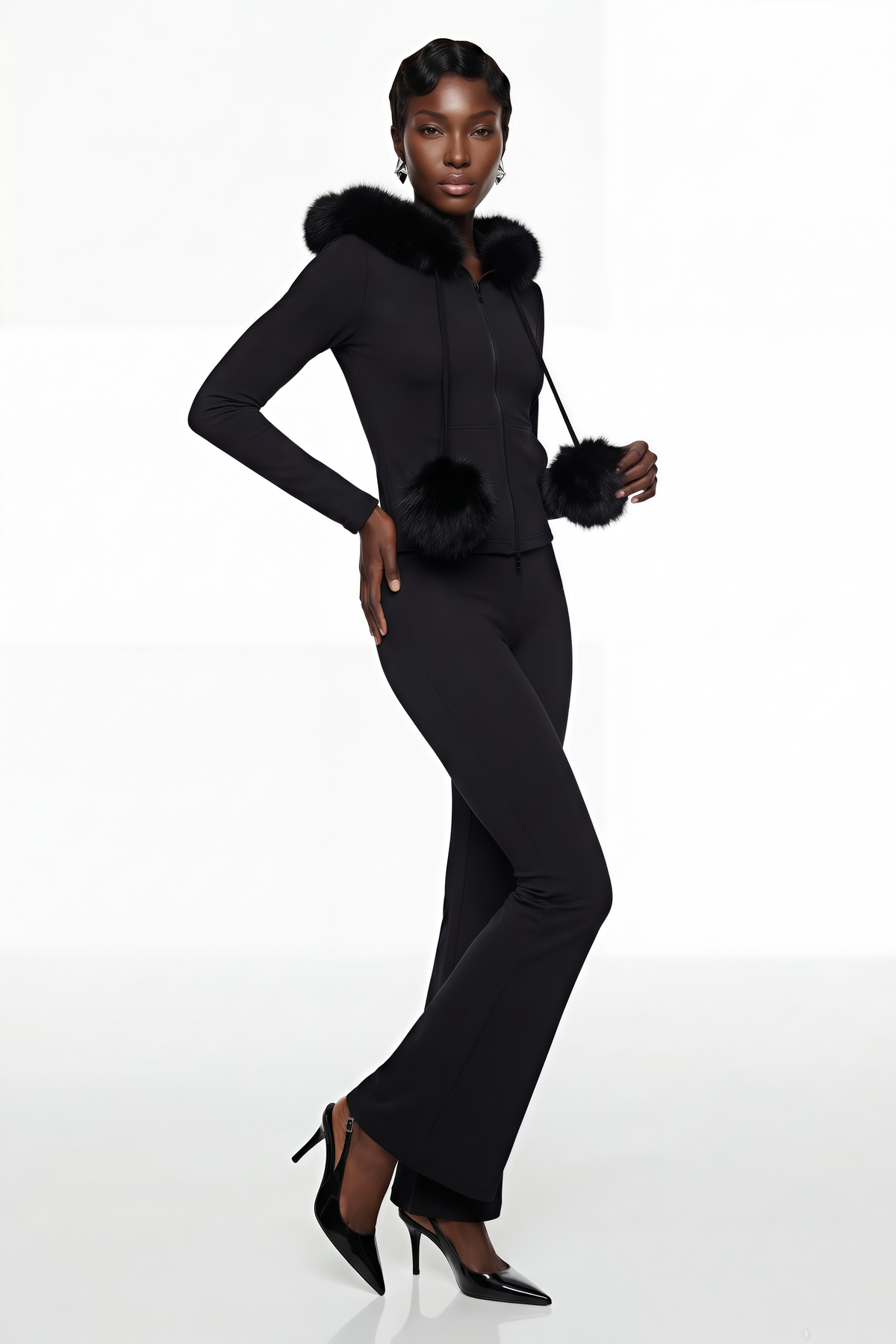 Elize Black Hoodie Jacket & Flared Trouser Set