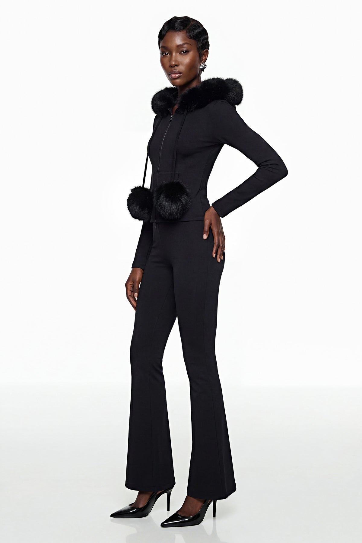 Elize Black Hoodie Jacket & Flared Trouser Set