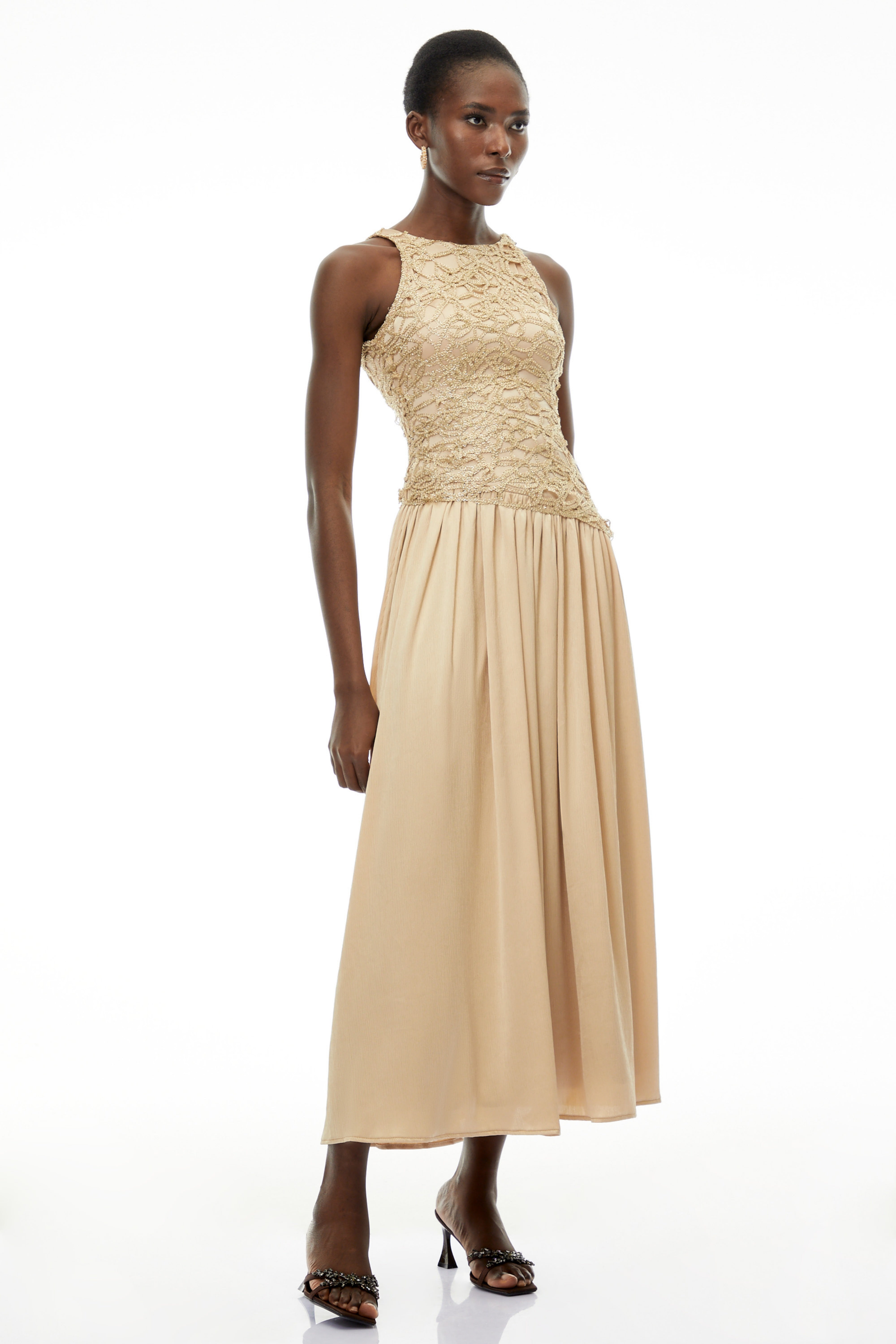 Ellie Champagne Round Neck Sleeveless Maxi Dress