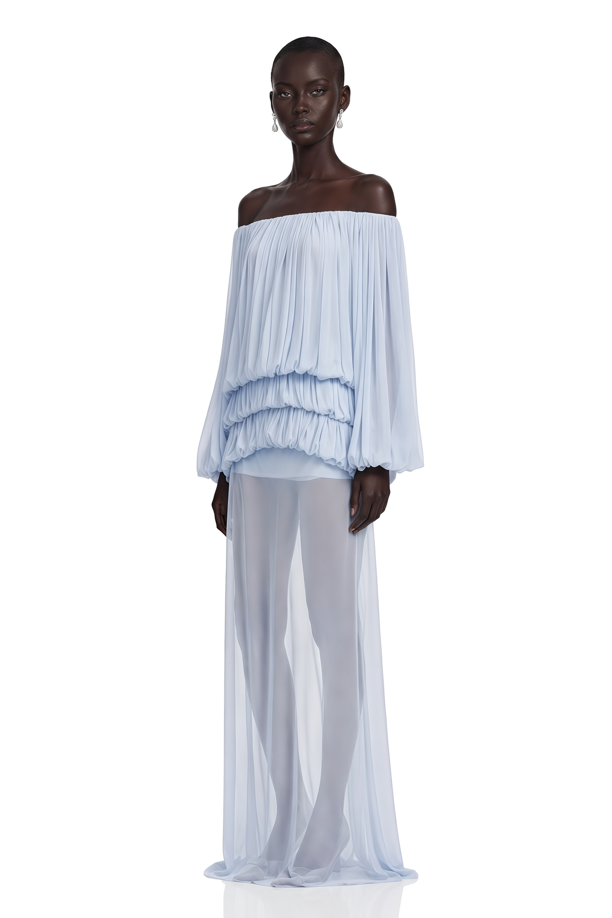 Elodie Blue Off Shoulder Pleated Chiffon Top & Skirt Set