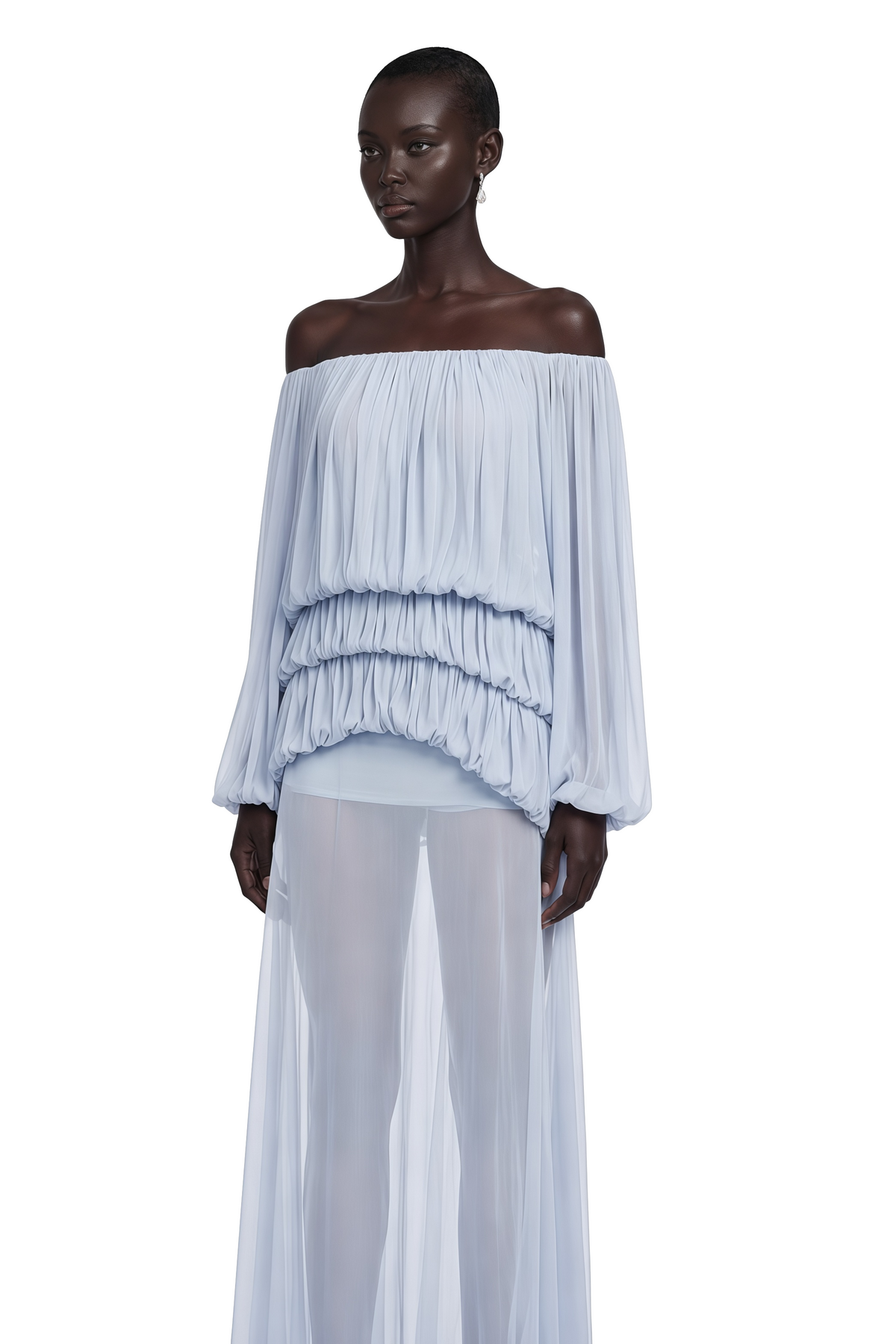 Elodie Blue Off Shoulder Pleated Chiffon Top & Skirt Set