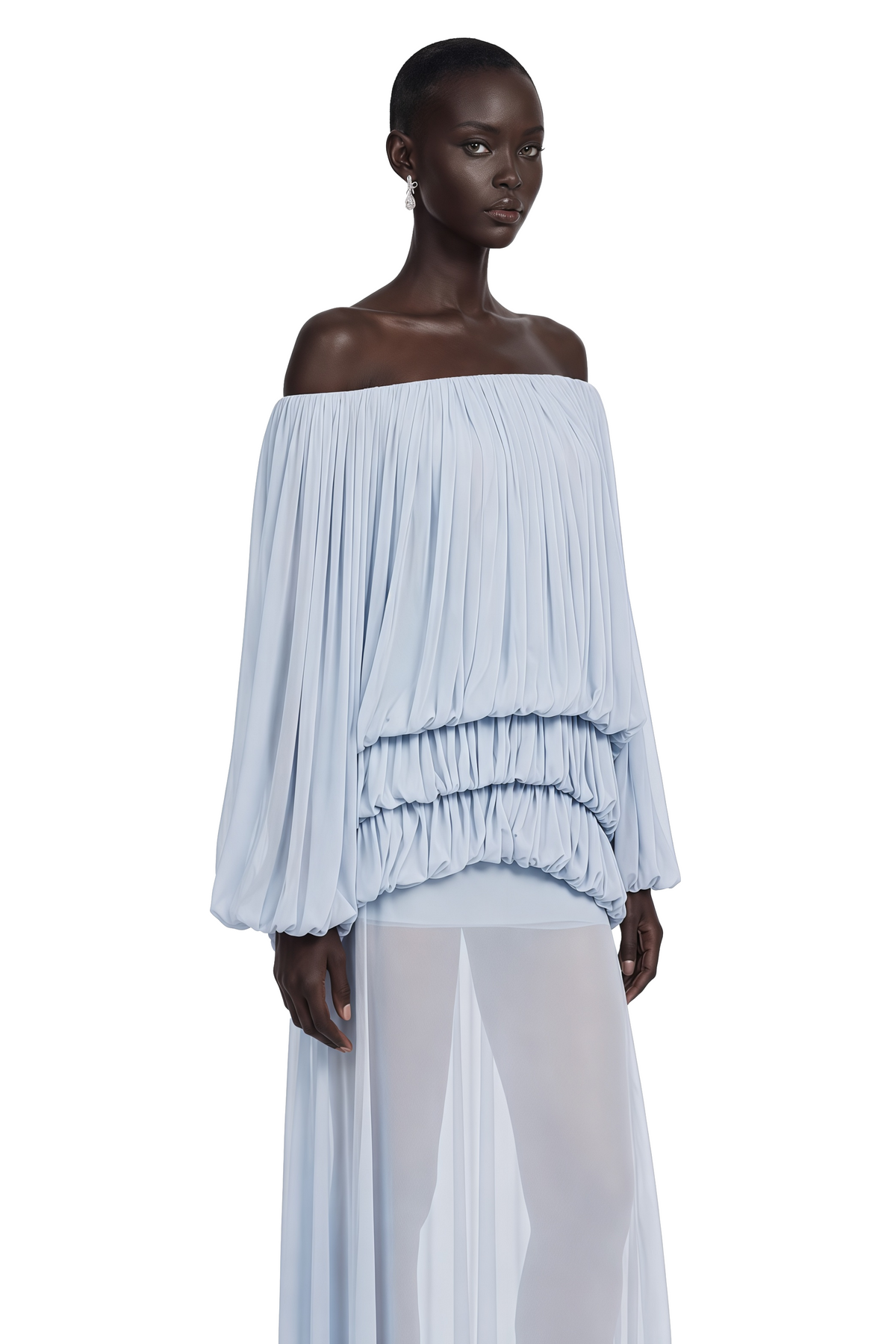 Elodie Blue Off Shoulder Pleated Chiffon Top & Skirt Set