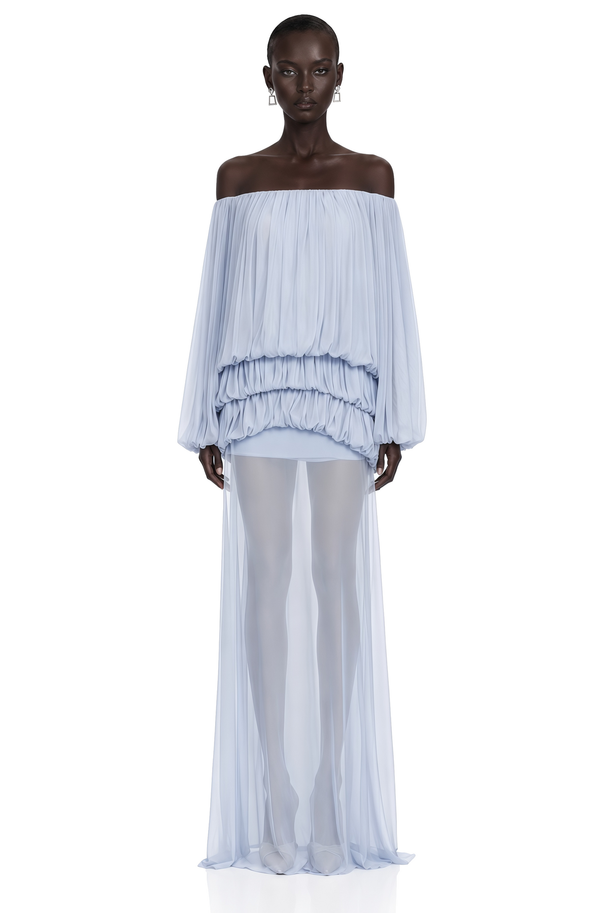 Elodie Blue Off Shoulder Pleated Chiffon Top & Skirt Set