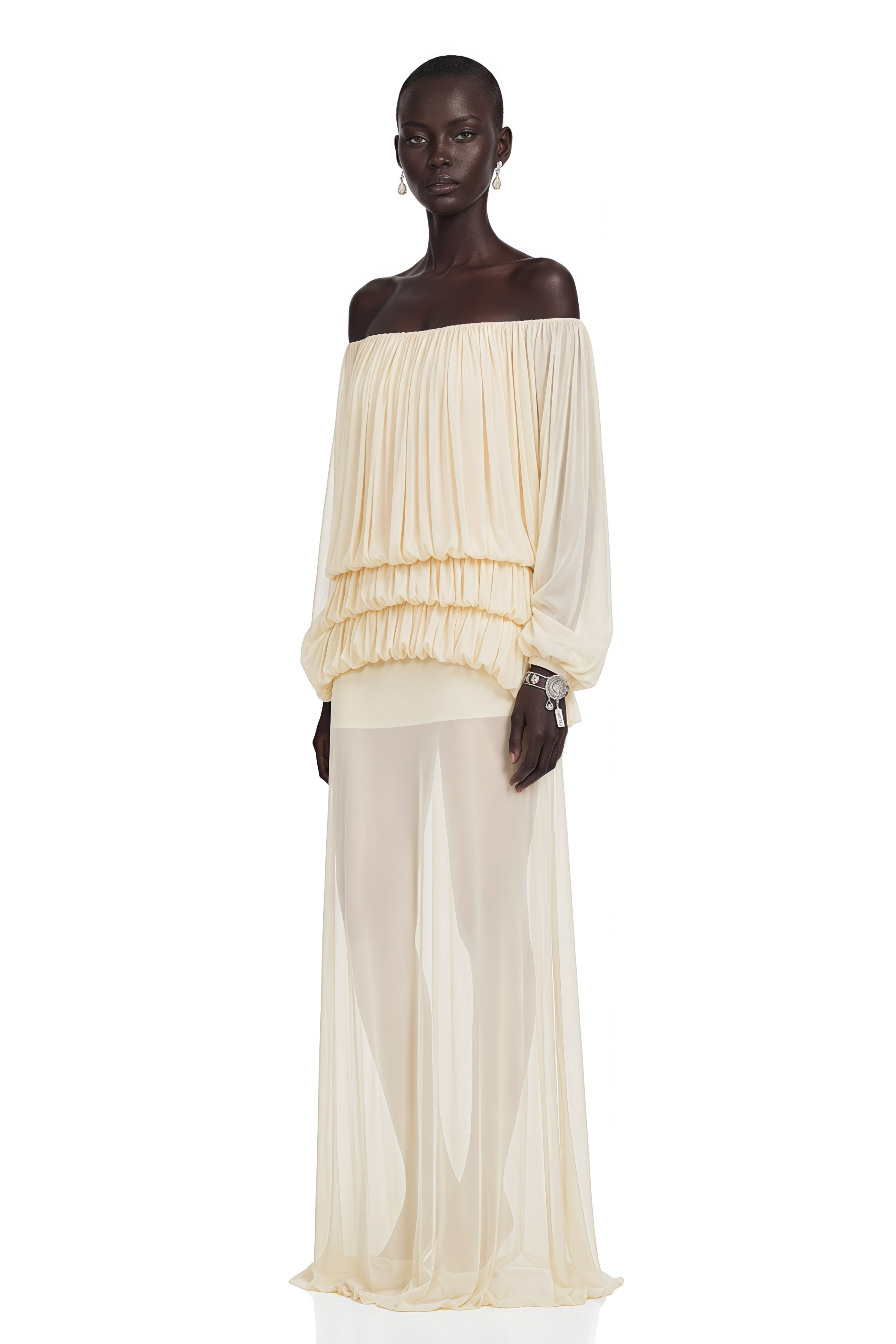 Elodie Yellow Off Shoulder Pleated Chiffon Top & Skirt Set