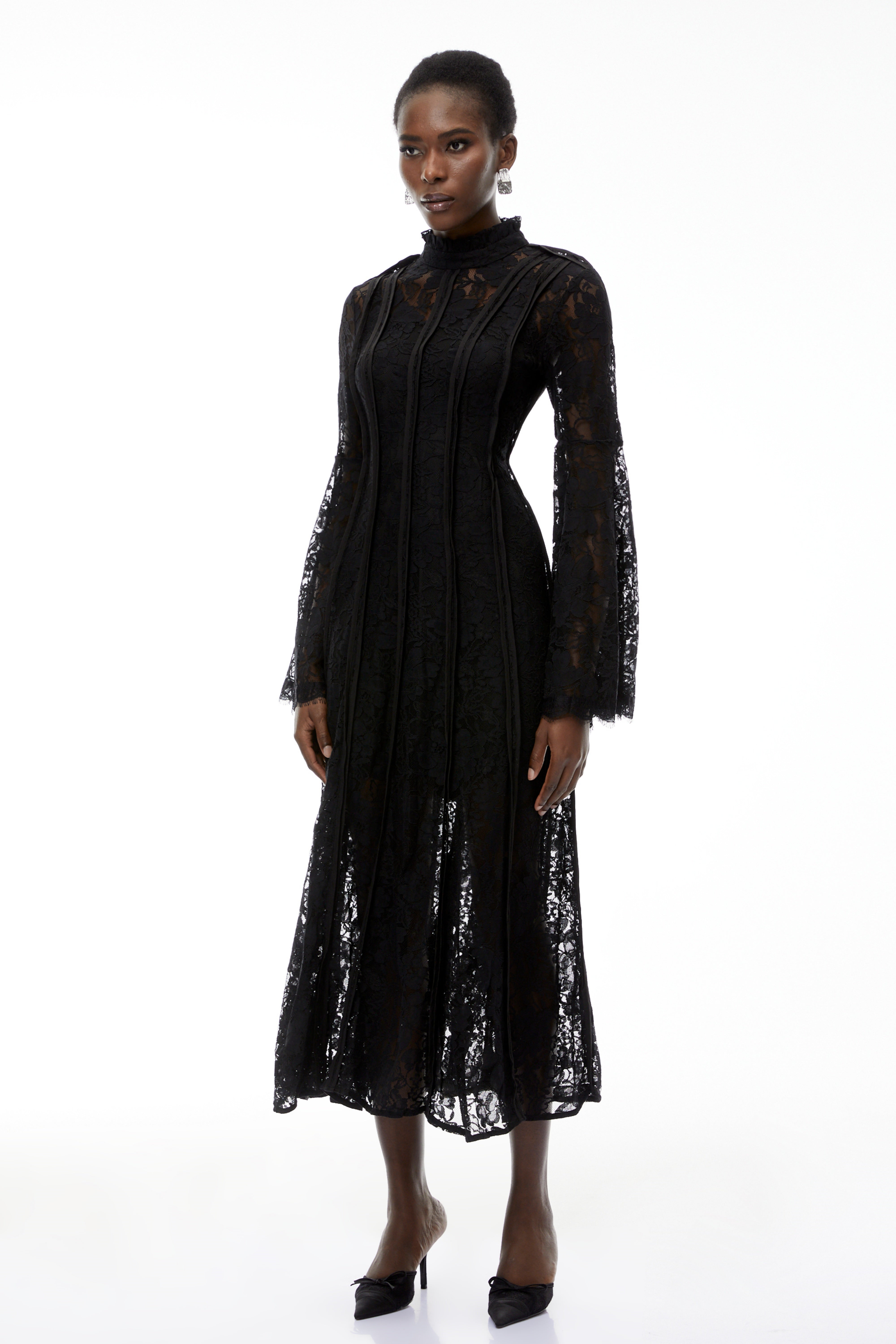 Elodiea Black Floral Lace Flared Sleeves Midi Dress