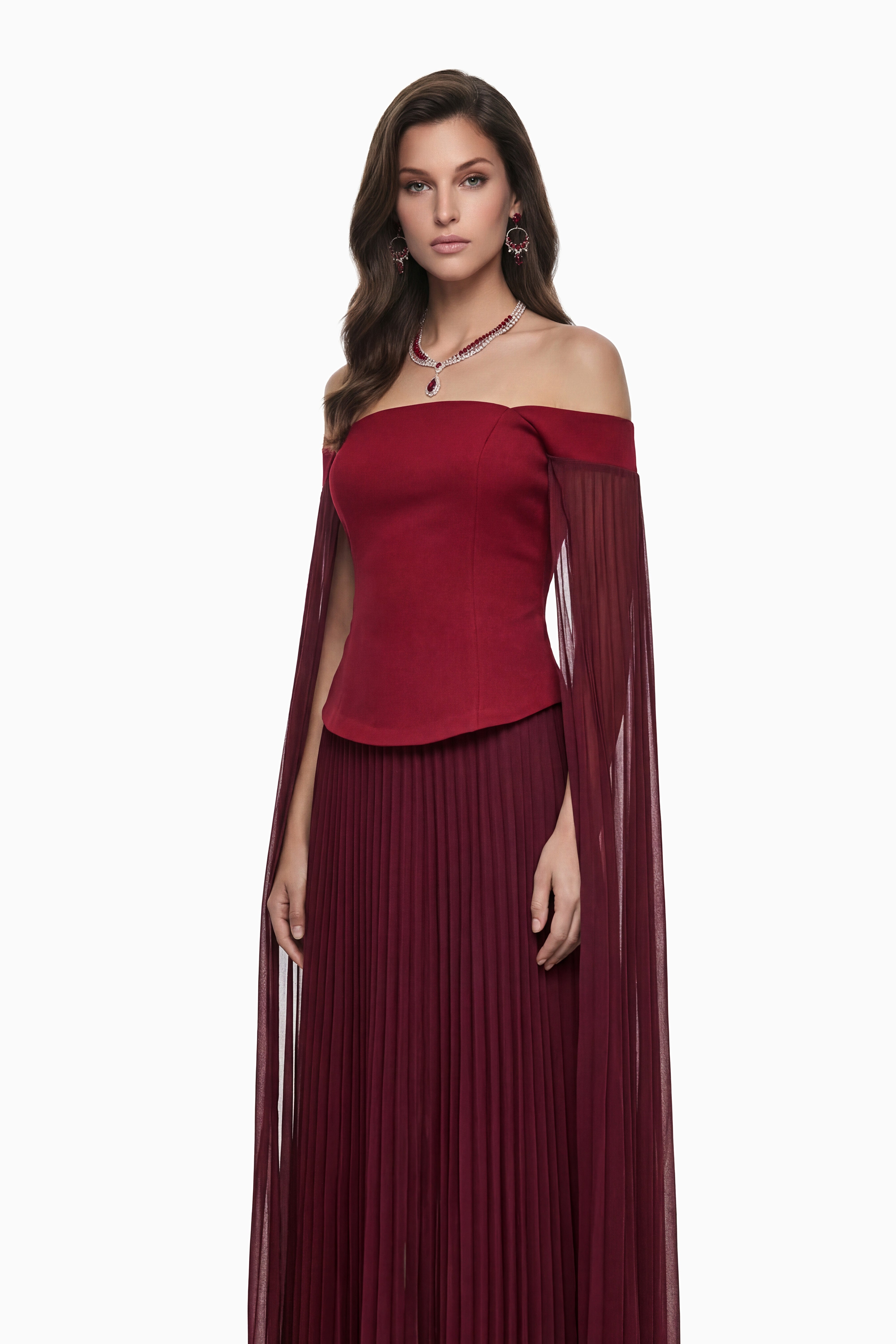 Elowenna Red Off Shoulder Top & Pleated Skirt Set