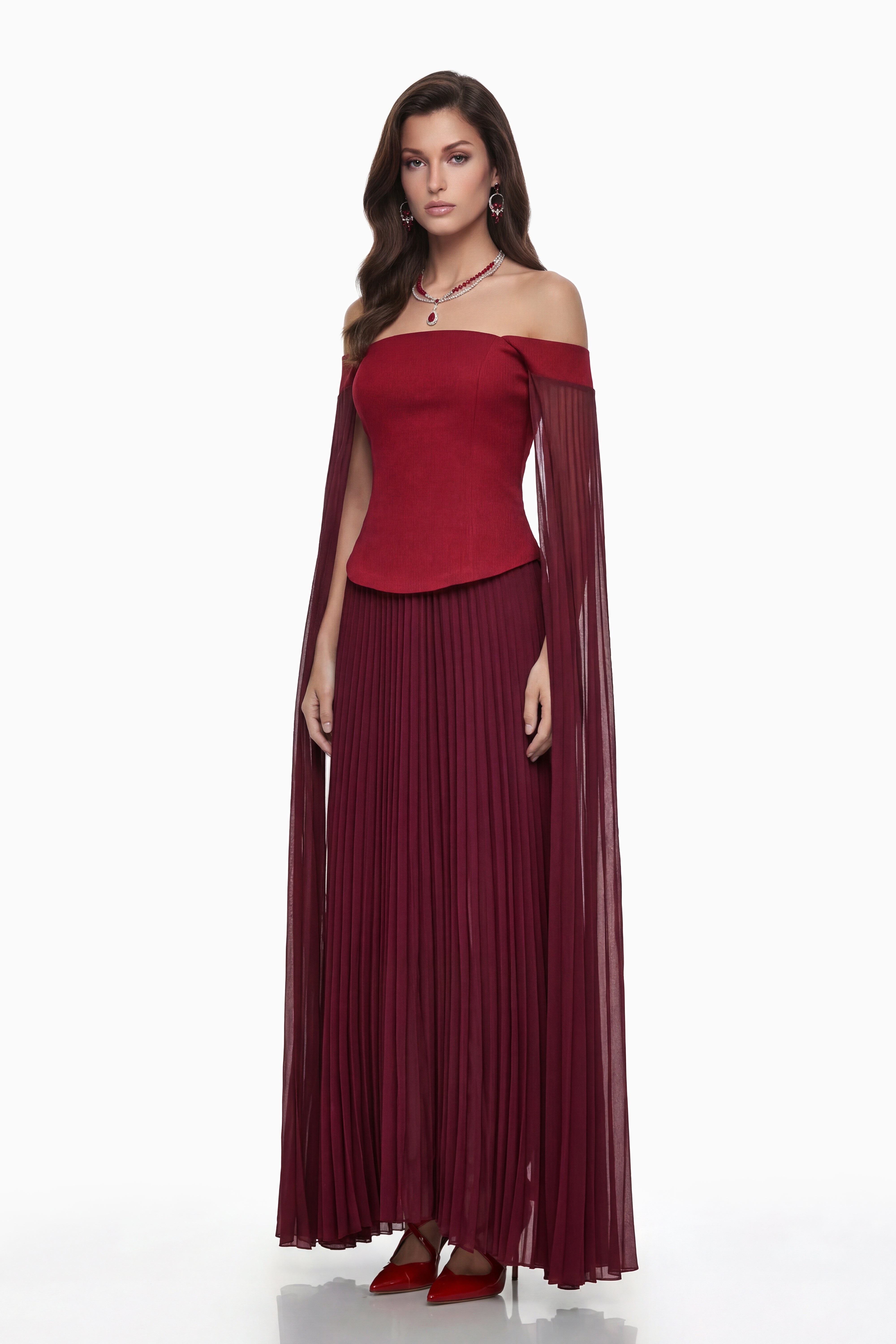 Elowenna Red Off Shoulder Top & Pleated Skirt Set