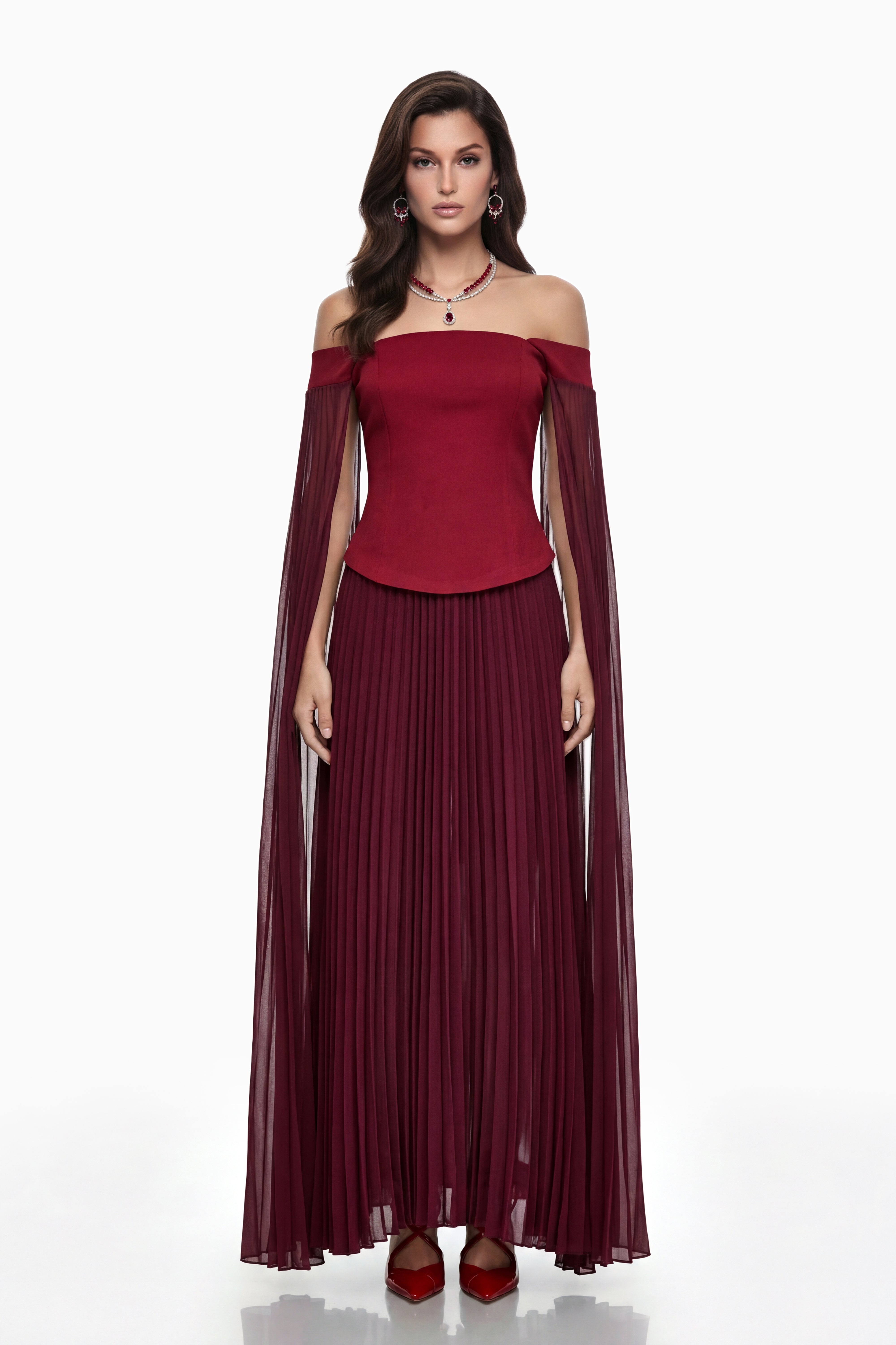 Elowenna Red Off Shoulder Top & Pleated Skirt Set