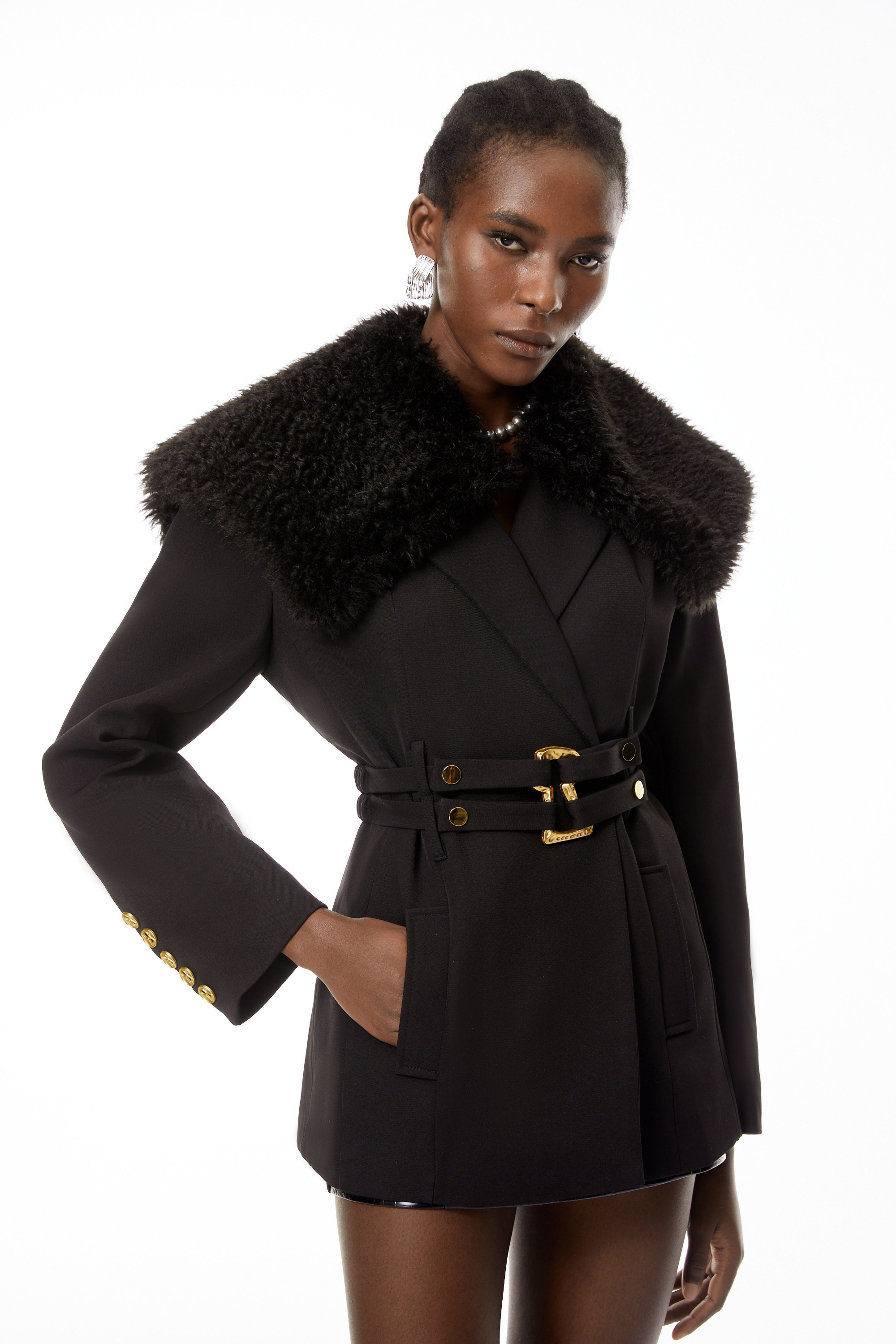 Elsa Black Fur Lapel Blazer With Belt (Final Sale)