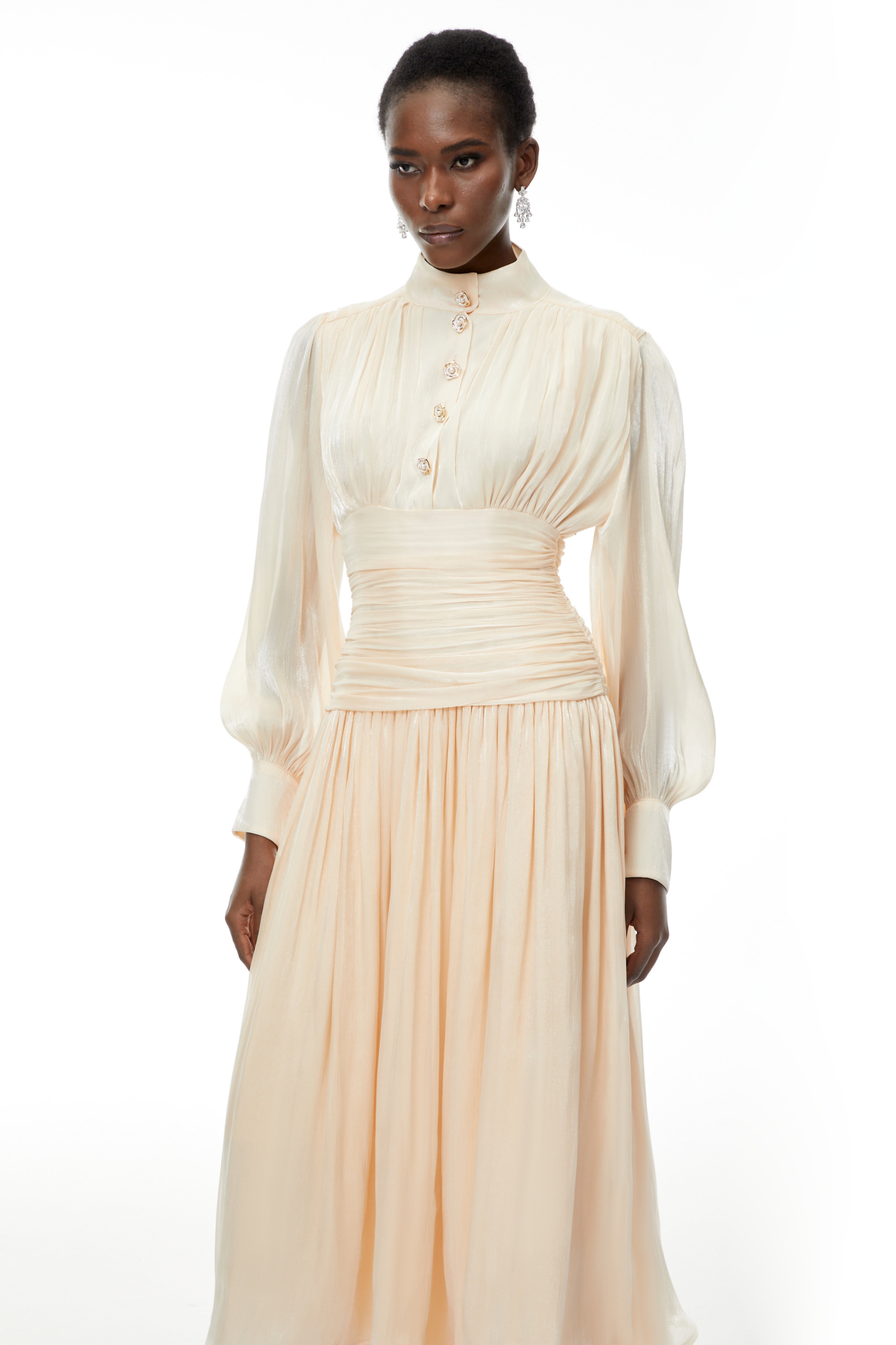 Emersyn Neutrals High-Neck Ruffled Detail Maxi Dress (Final Sale-US Only)