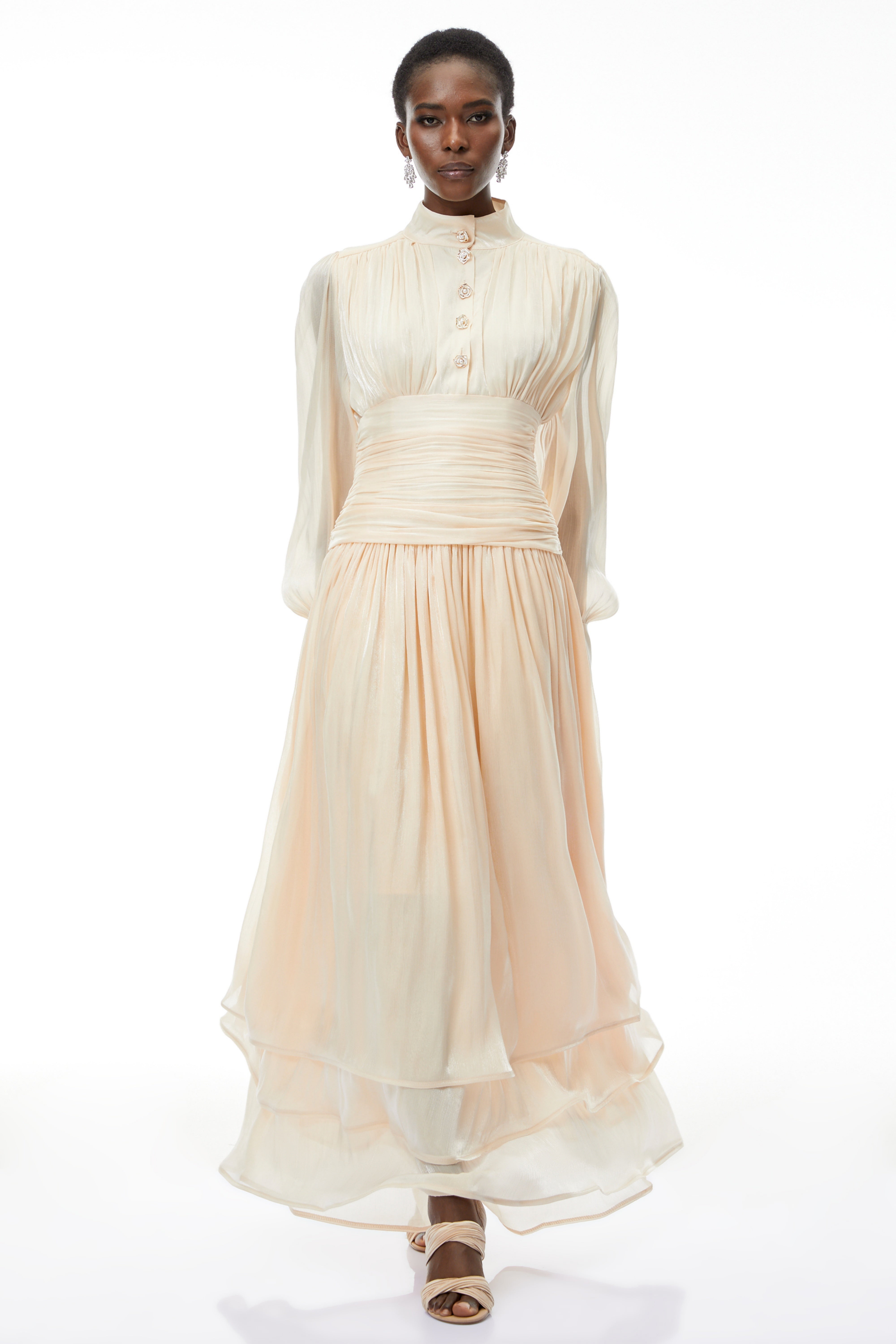 Emersyn Neutrals High-Neck Ruffled Detail Maxi Dress (Final Sale-US Only)