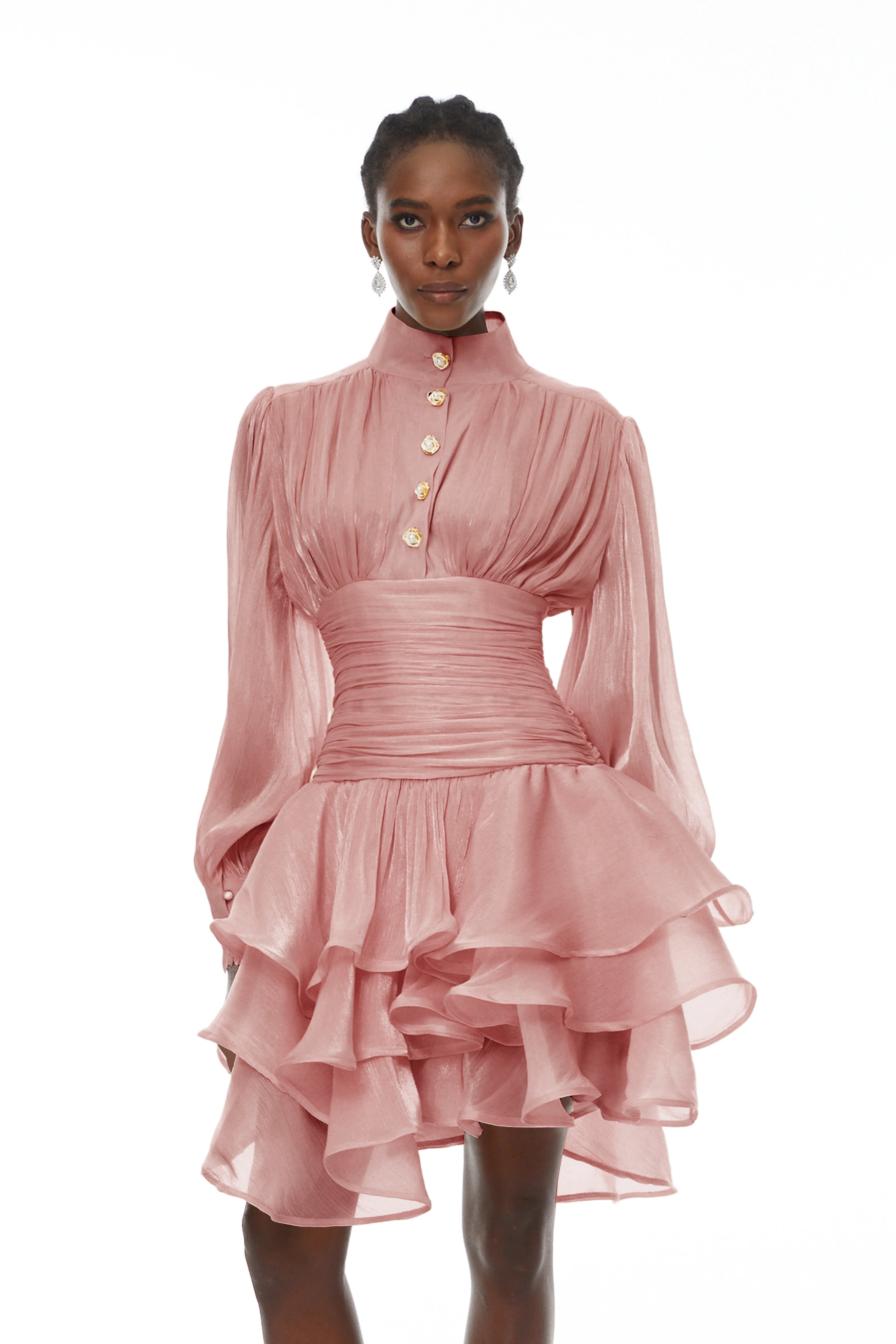 Emersyn Pink High-Neck Ruffled Detail Mini Dress (Final Sale-US Only)