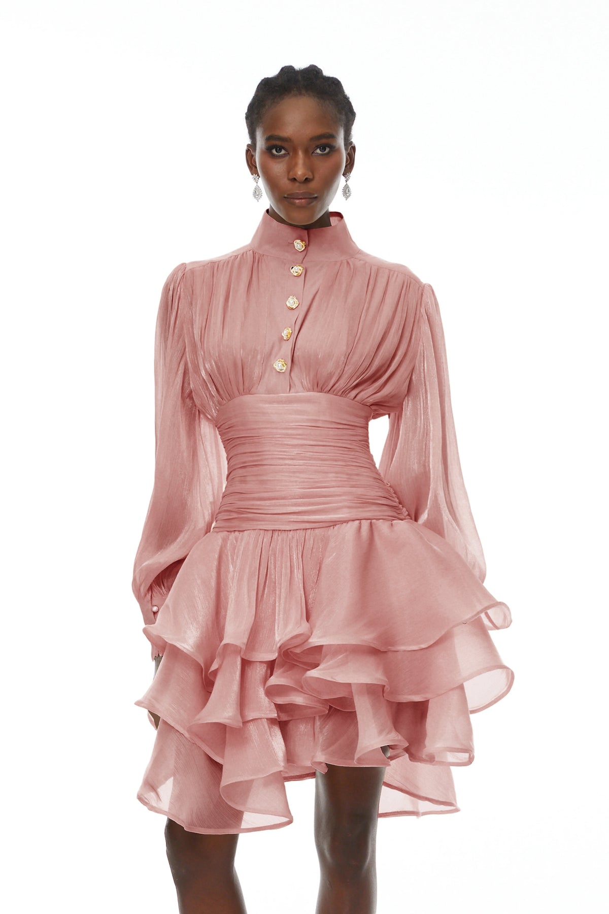 Emersyn Pink High-Neck Ruffled Detail Mini Dress (Final Sale-US Only)