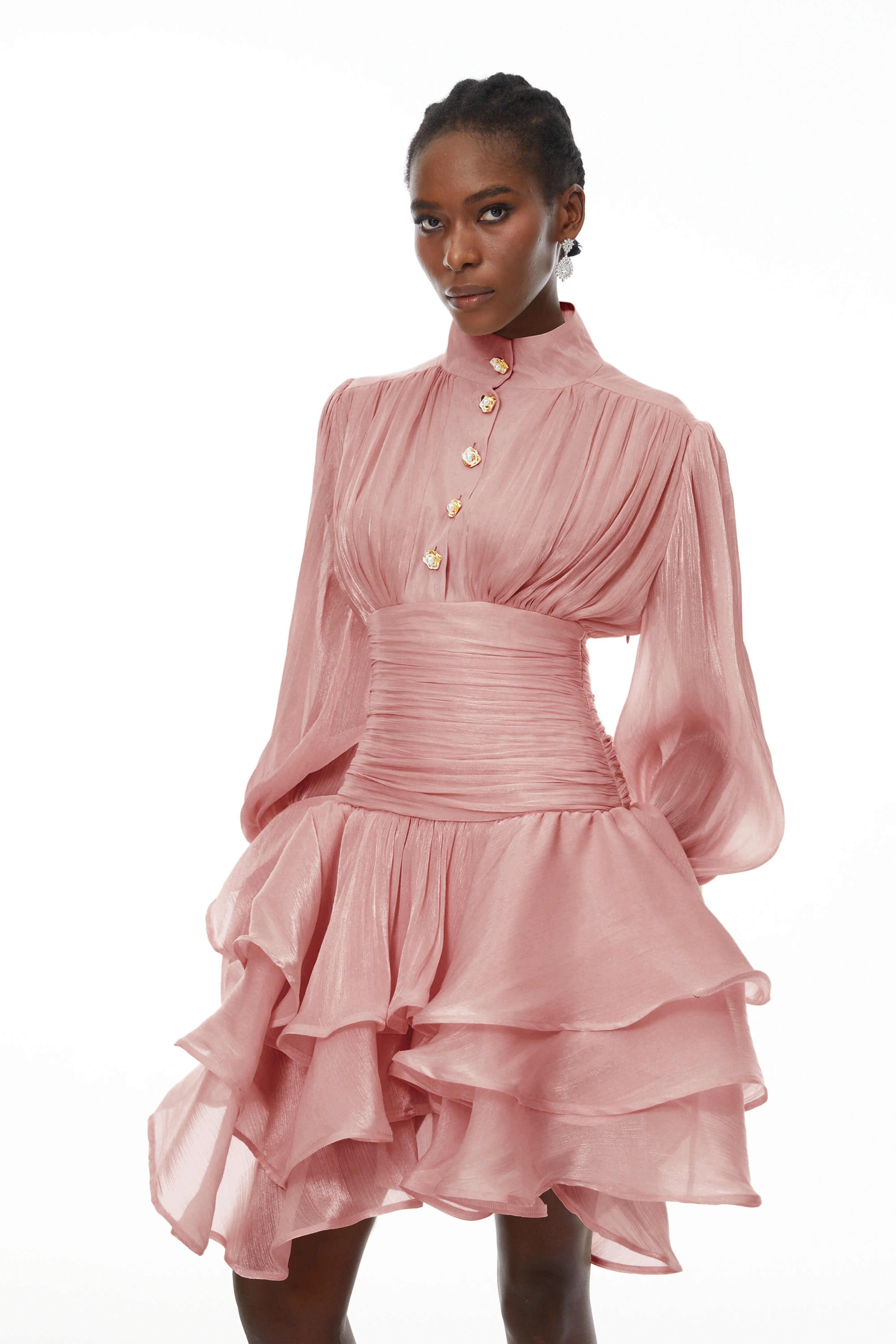 Emersyn Pink High-Neck Ruffled Detail Mini Dress (Final Sale-US Only)