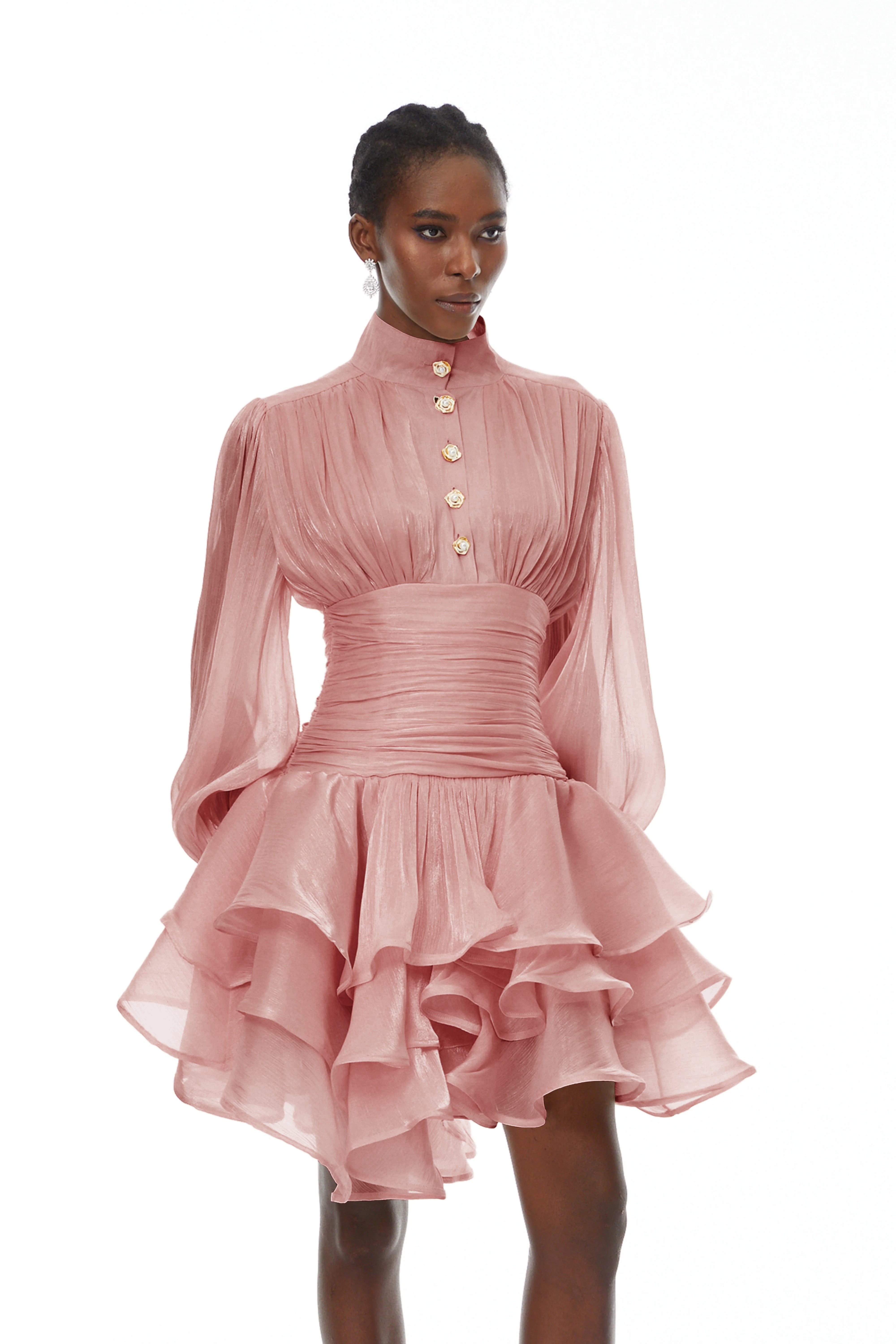 Emersyn Pink High-Neck Ruffled Detail Mini Dress (Final Sale-US Only)