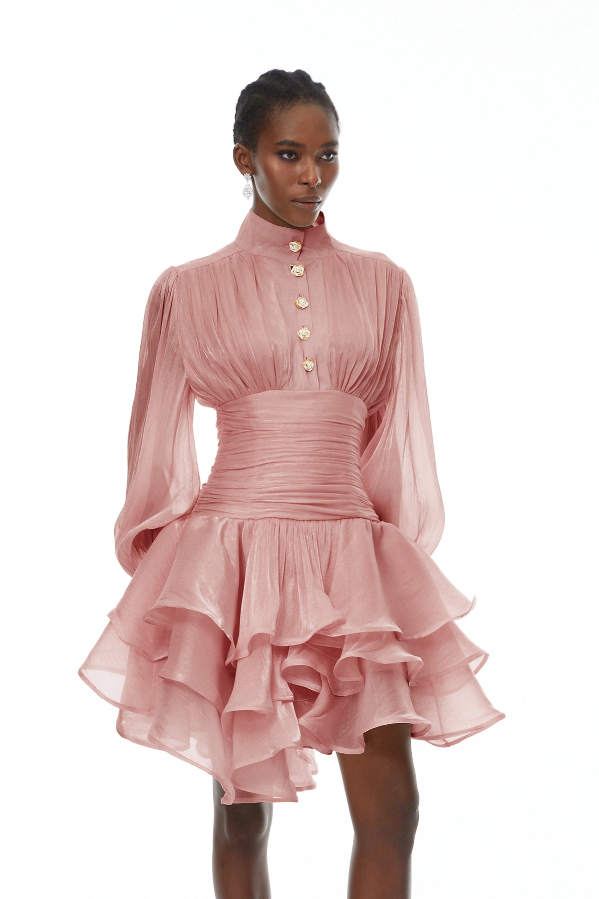Emersyn Pink High-Neck Ruffled Detail Mini Dress (Final Sale-US Only)