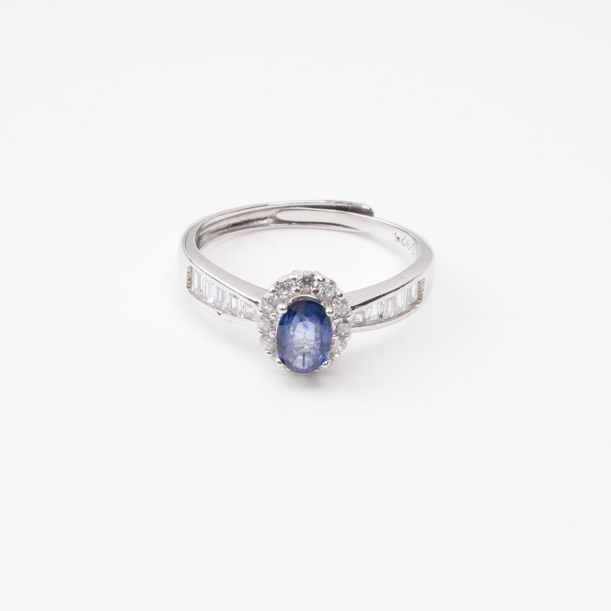 Emma Blue Sapphire Oval Cut Halo Baguette Crystal Sterling Silver Ring