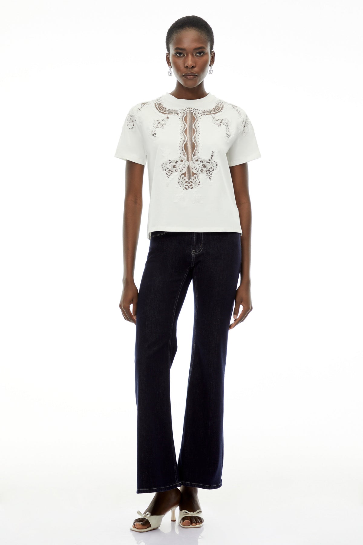 Emma White Floral Lace T-Shirt with Mesh Panels
