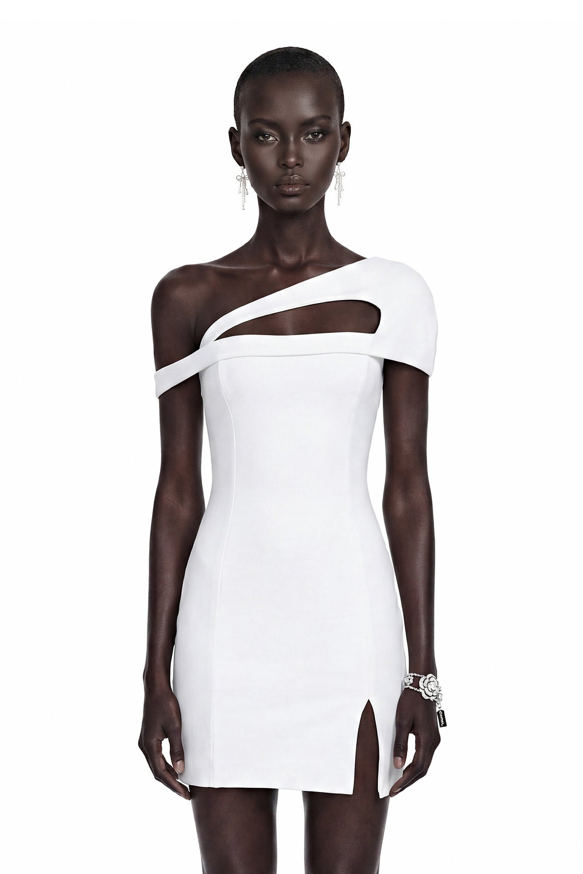 Emma White One Shoulder Cut-Out Mini Dress with Slit