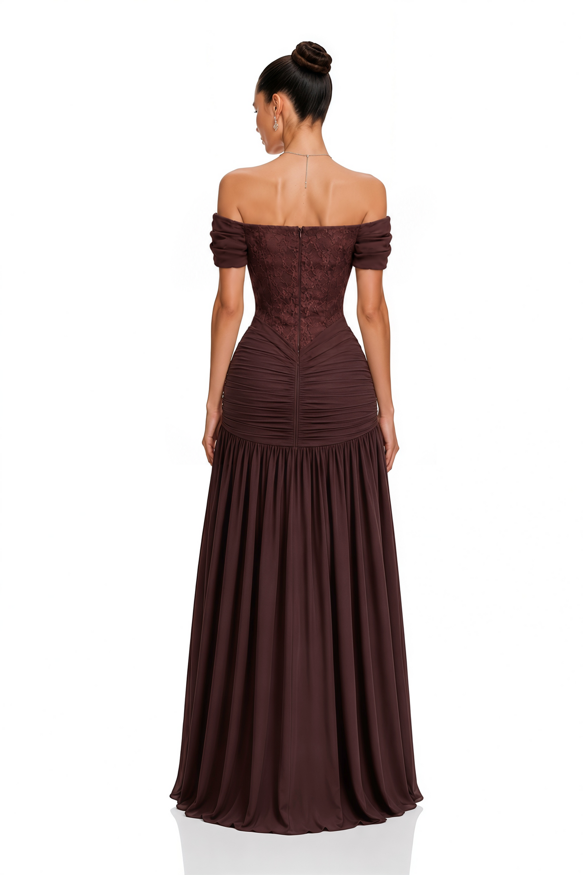 eponine brown lace ruched off-shoulder maxi dress