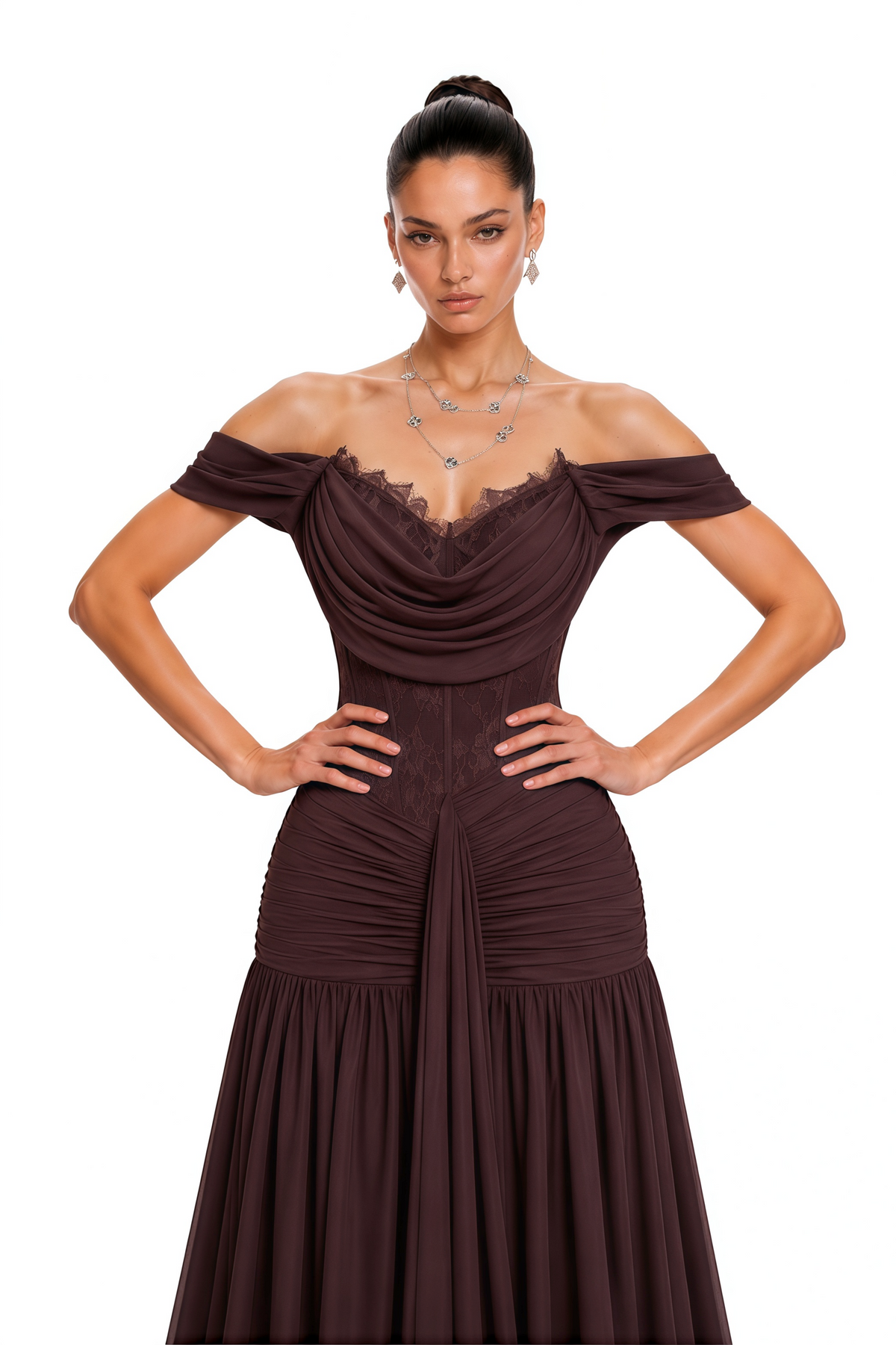eponine brown lace ruched off-shoulder maxi dress