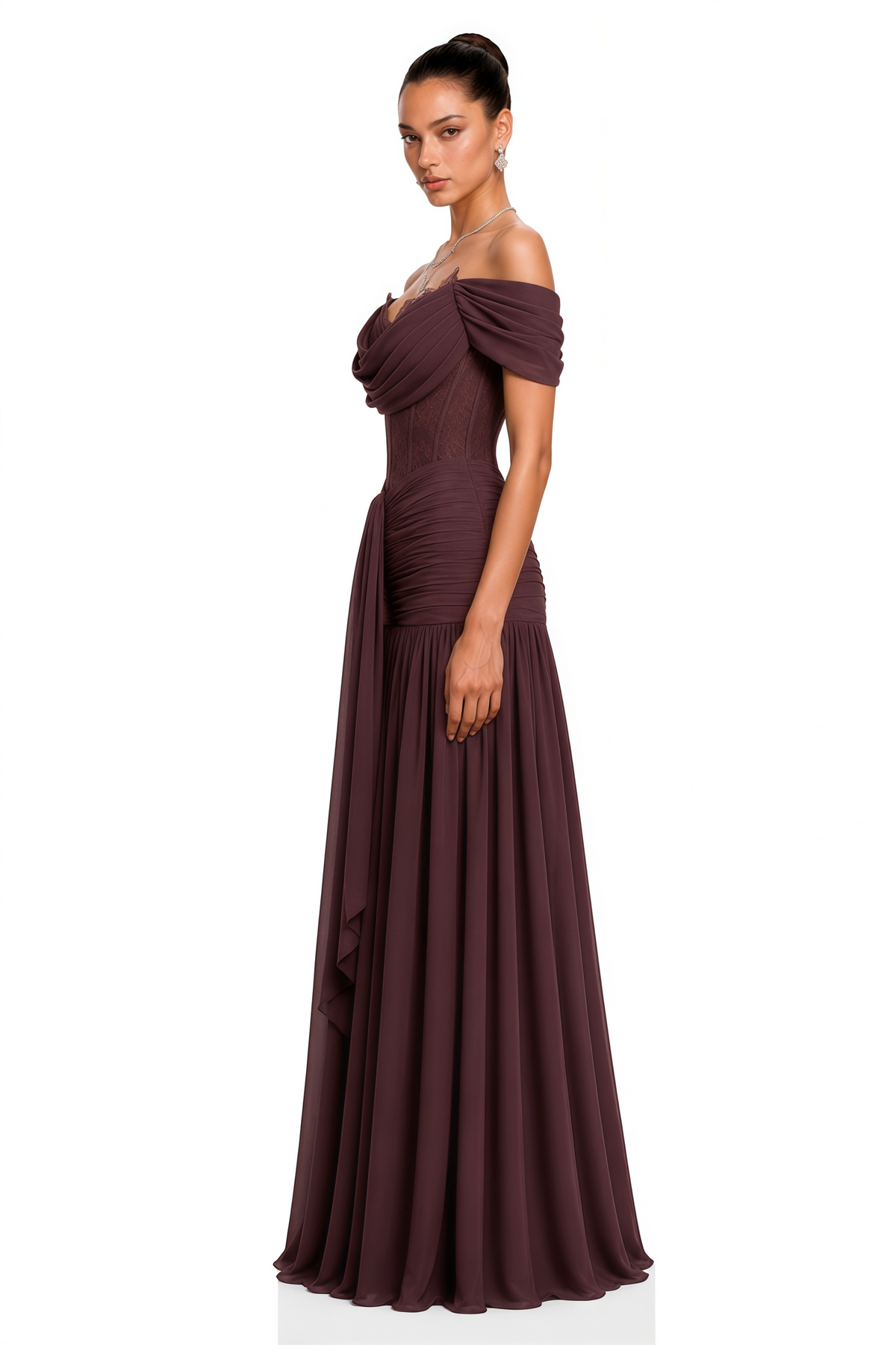 eponine brown lace ruched off-shoulder maxi dress