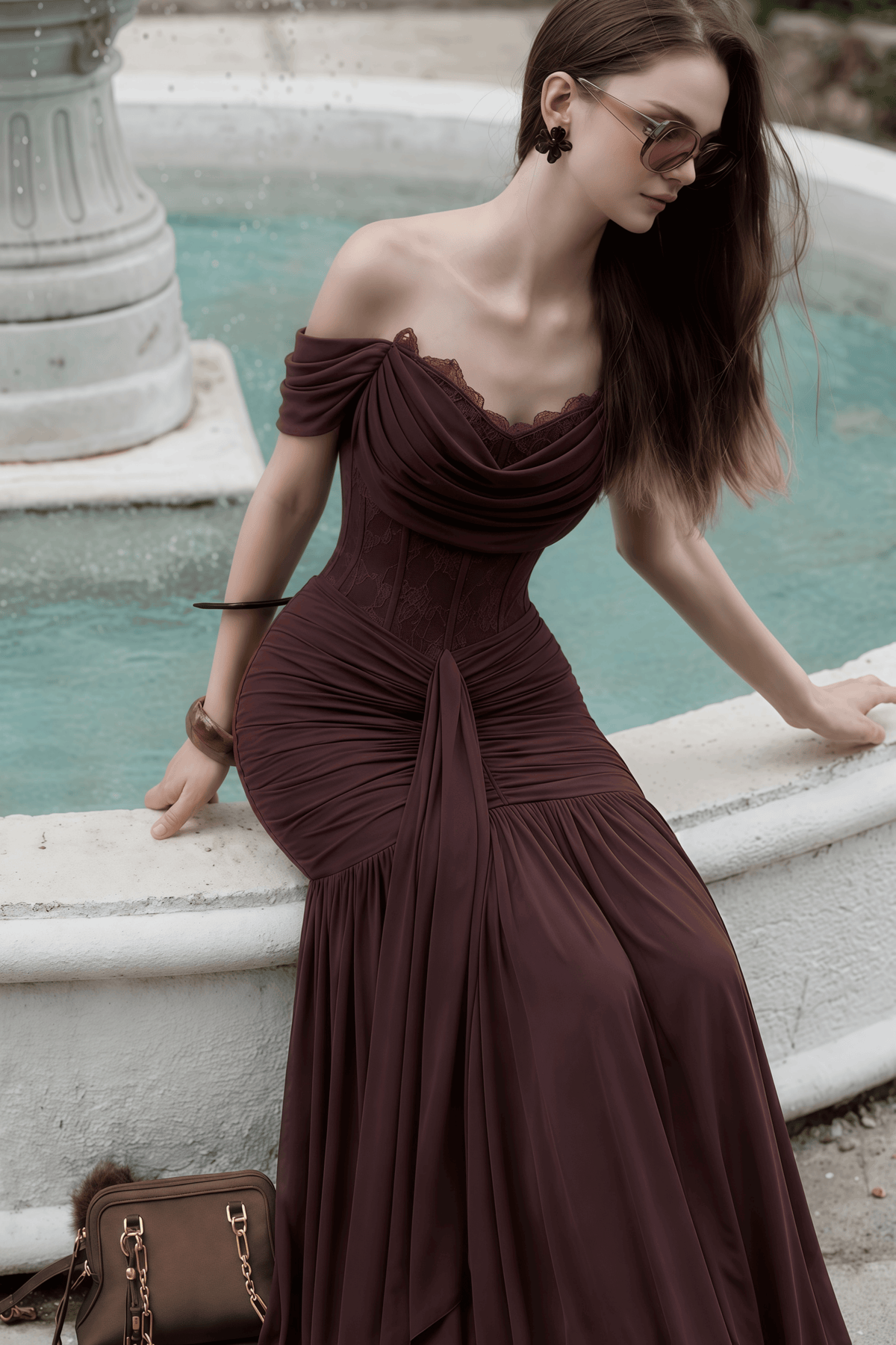 eponine brown lace ruched off-shoulder maxi dress