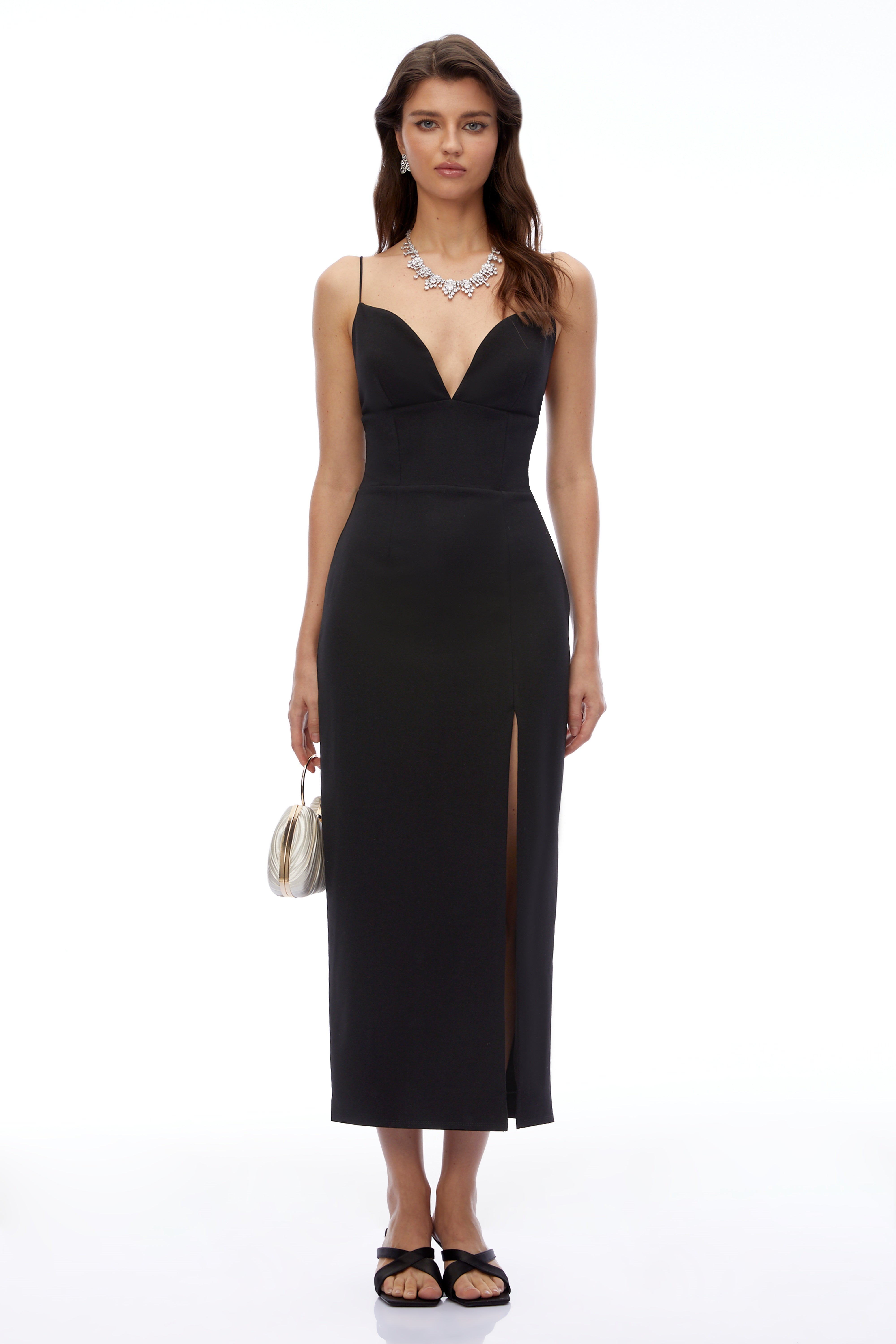 Erena Black Plunge Neck Midi Dress with Slit