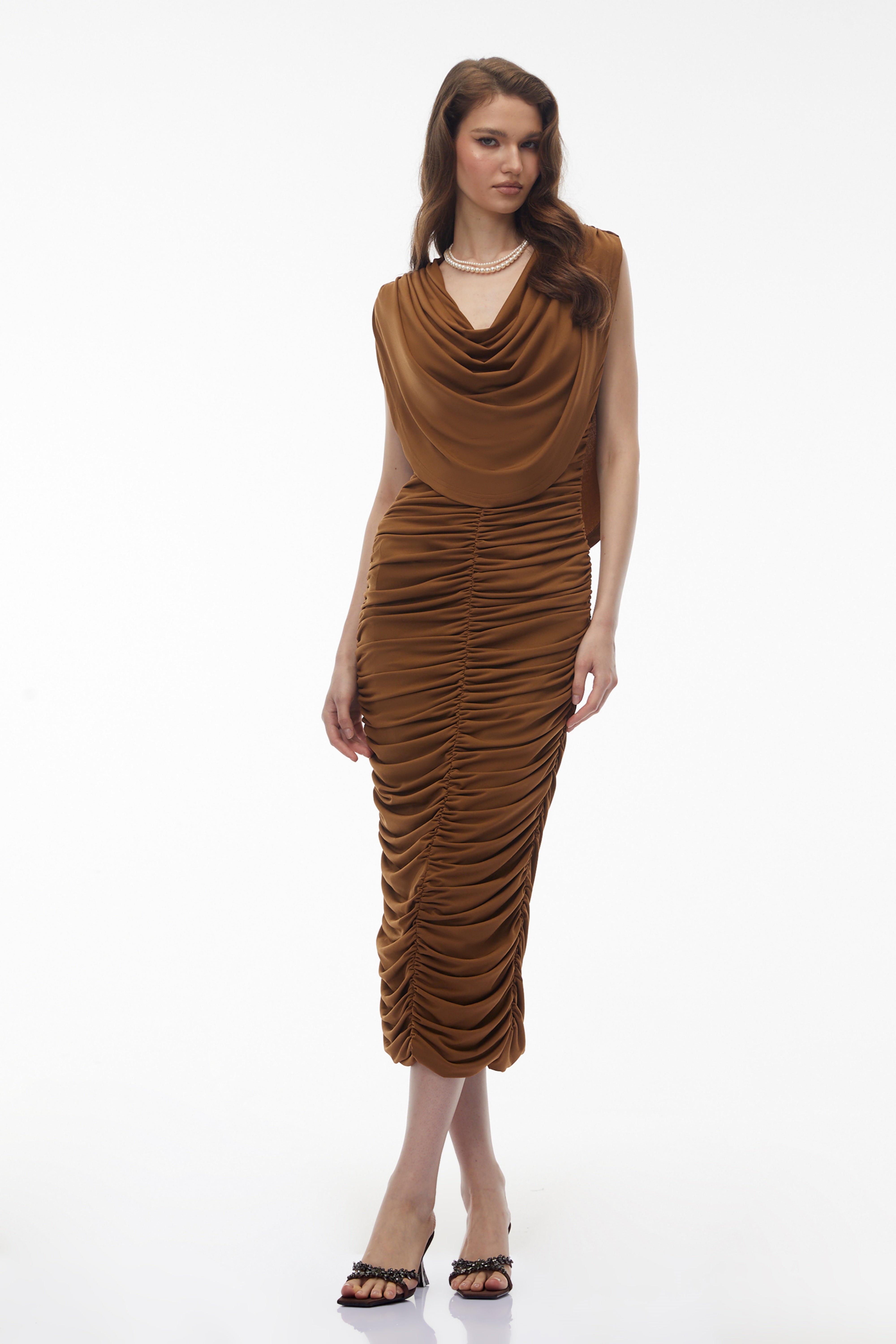 Ereshkigal Brown Ruched Bodycon Midi Dress