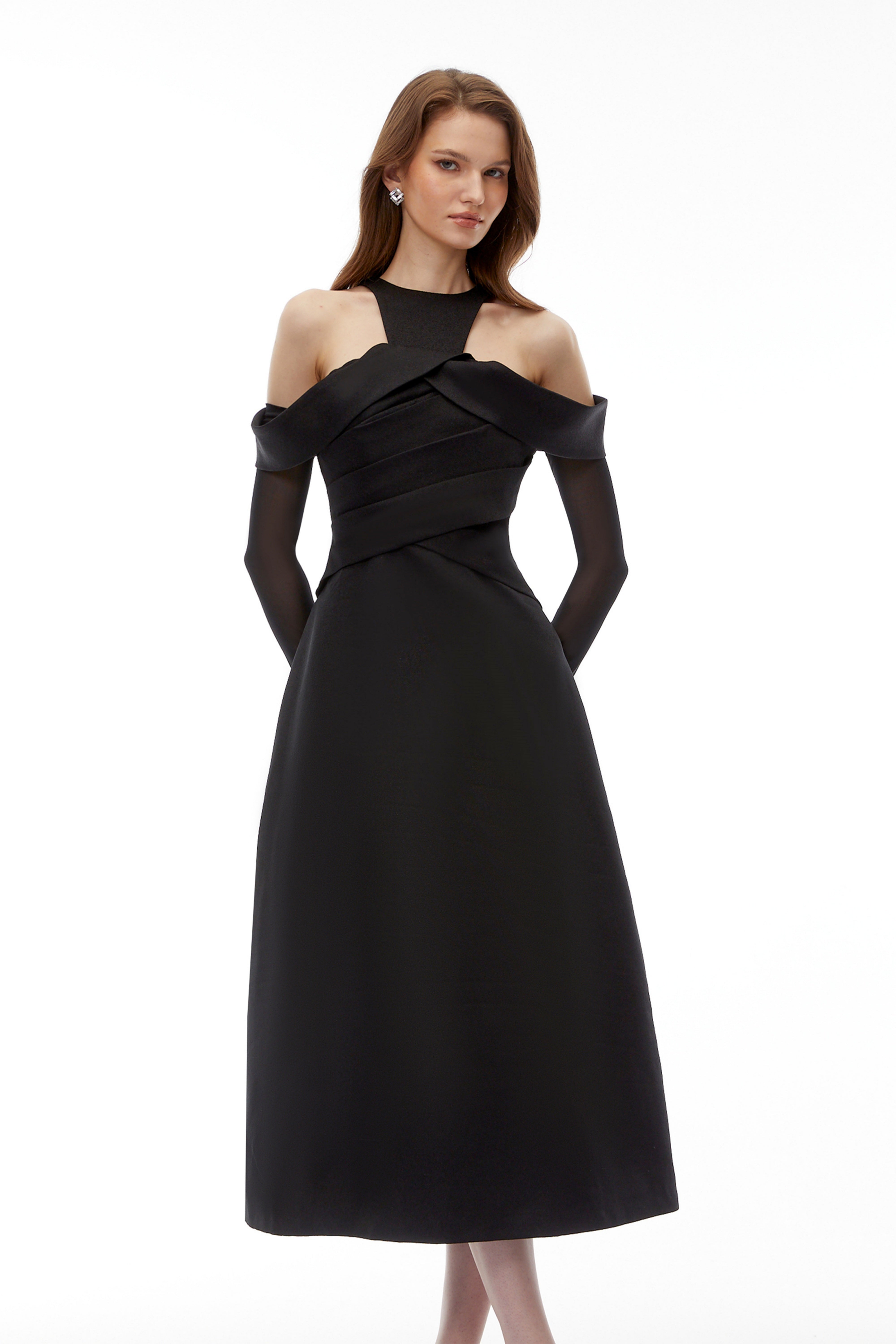 Erika Black Cold Shoulder Draped Midi Dress
