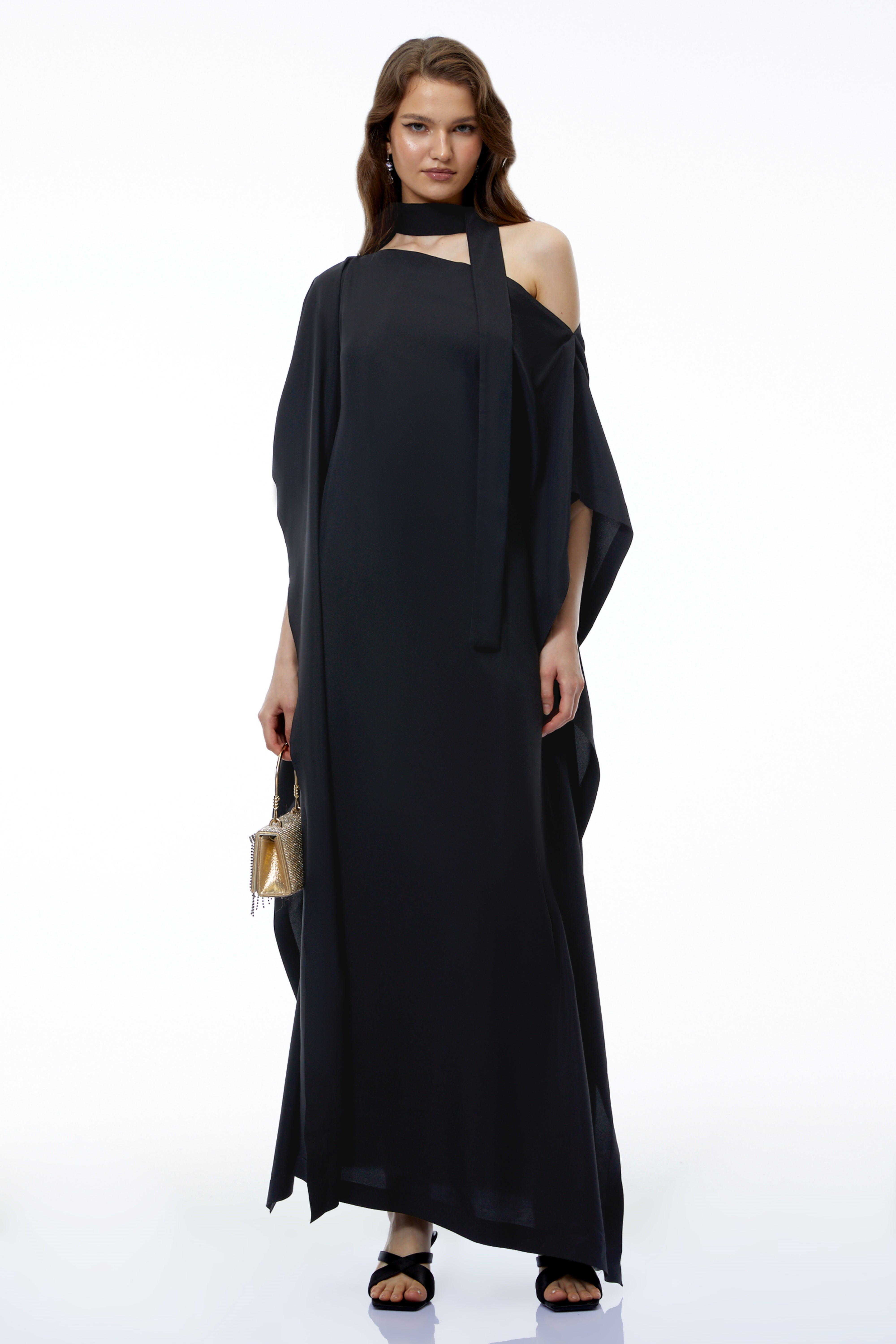Esme Black Pleated Maxi Dress with Split Sleeves