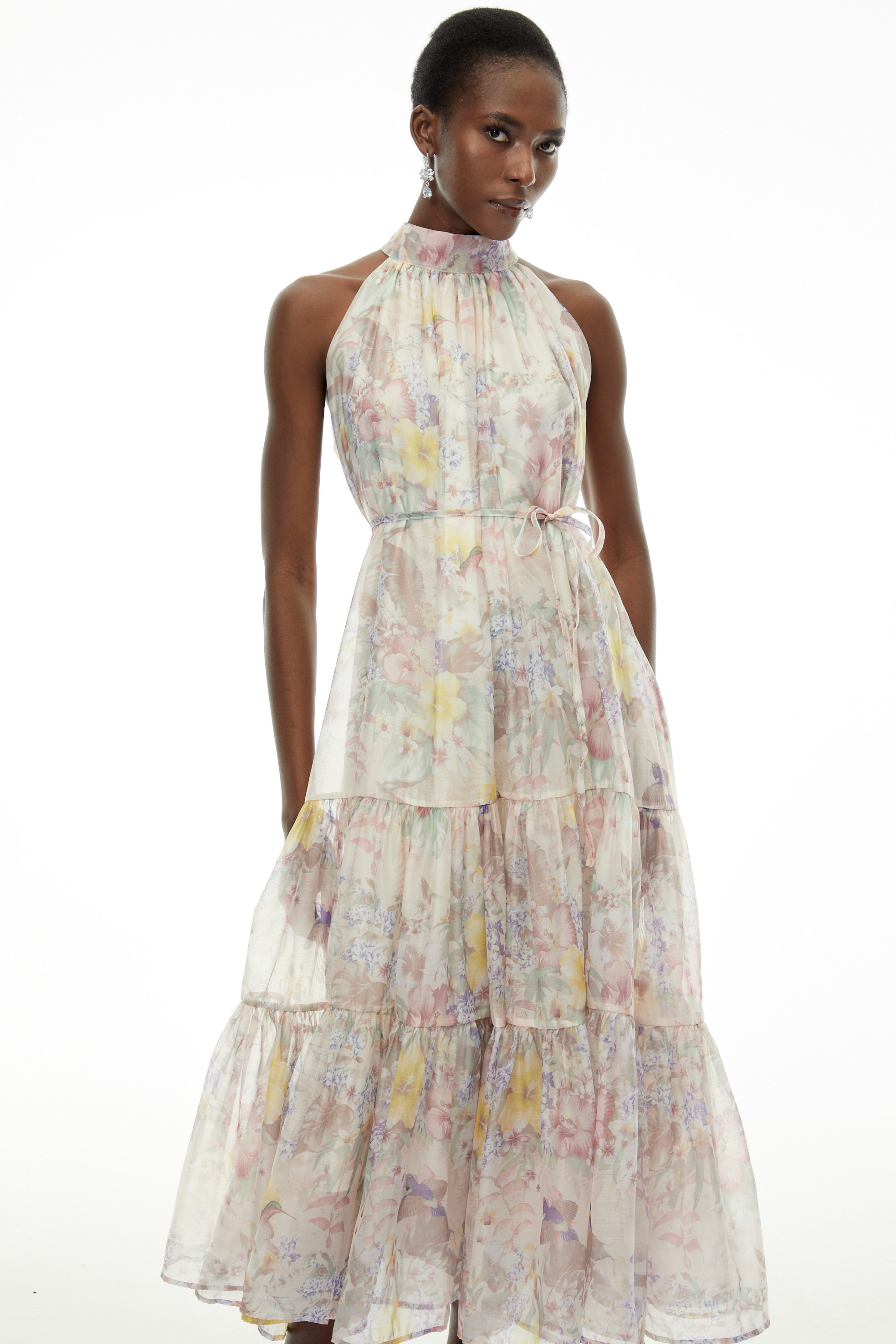 Esmeralda Pink Floral Print Tiered Maxi Dress
