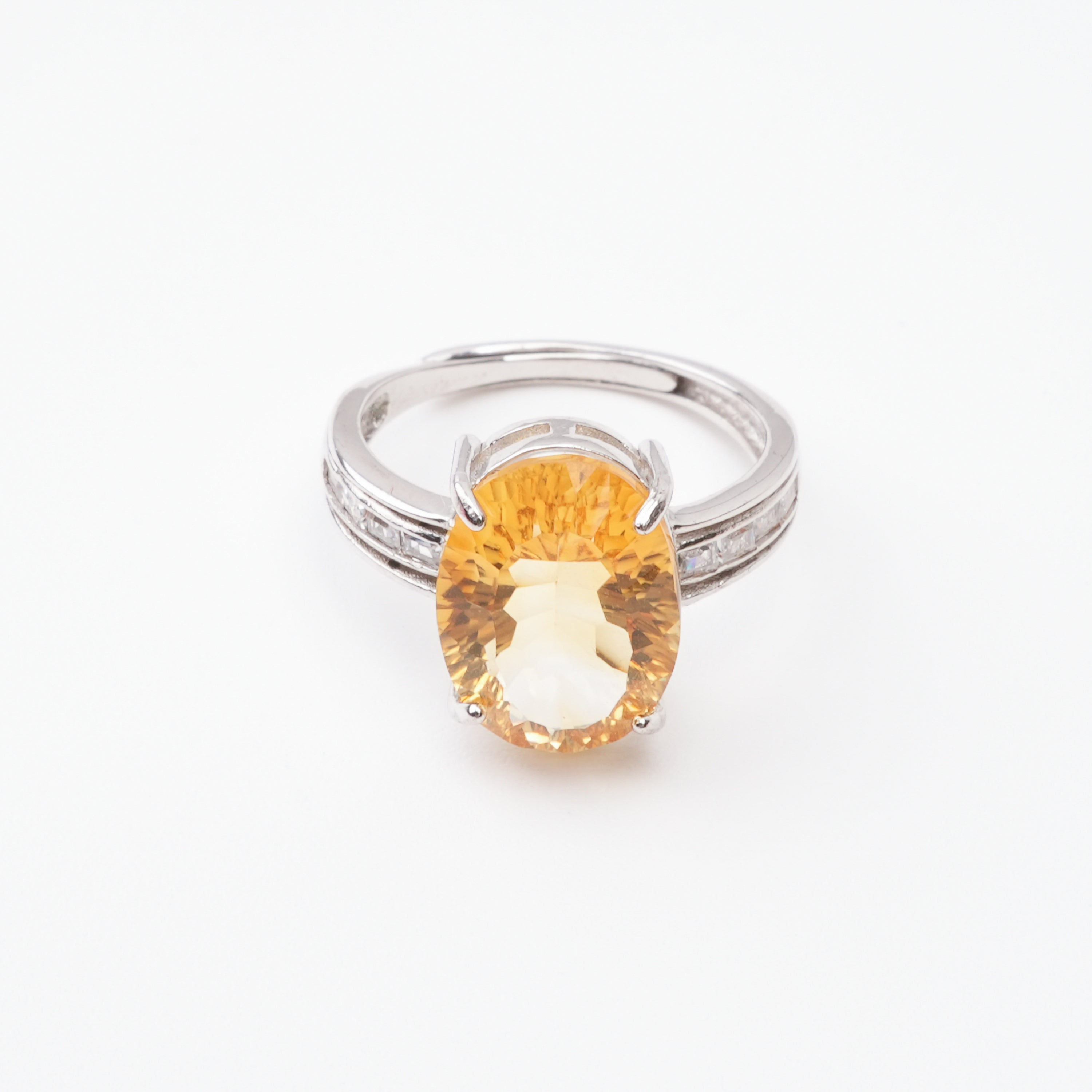 Esmeralda Yellow Citrine Oval Cut Baguette Crystal Sterling Silver Ring