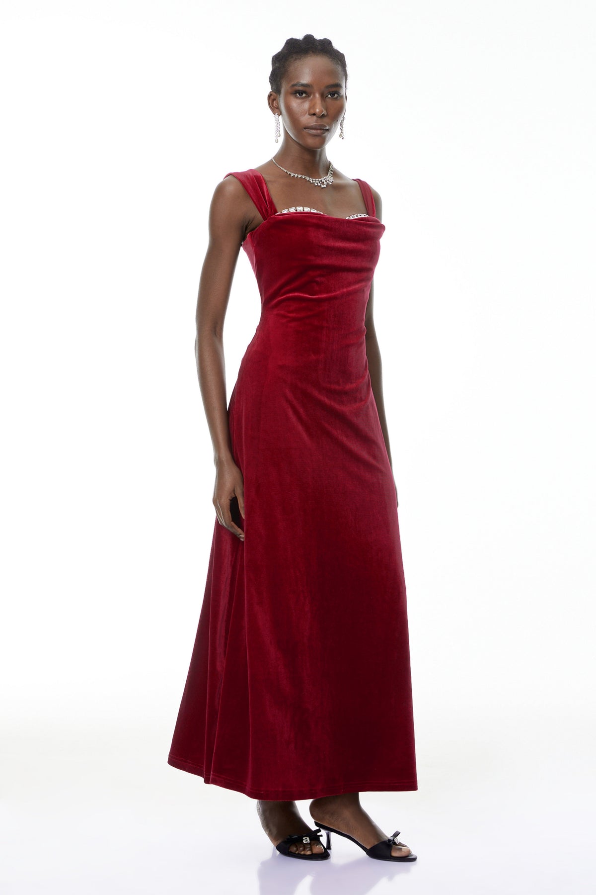 Eufrosina Red Velvet Maxi Dress with Crystals