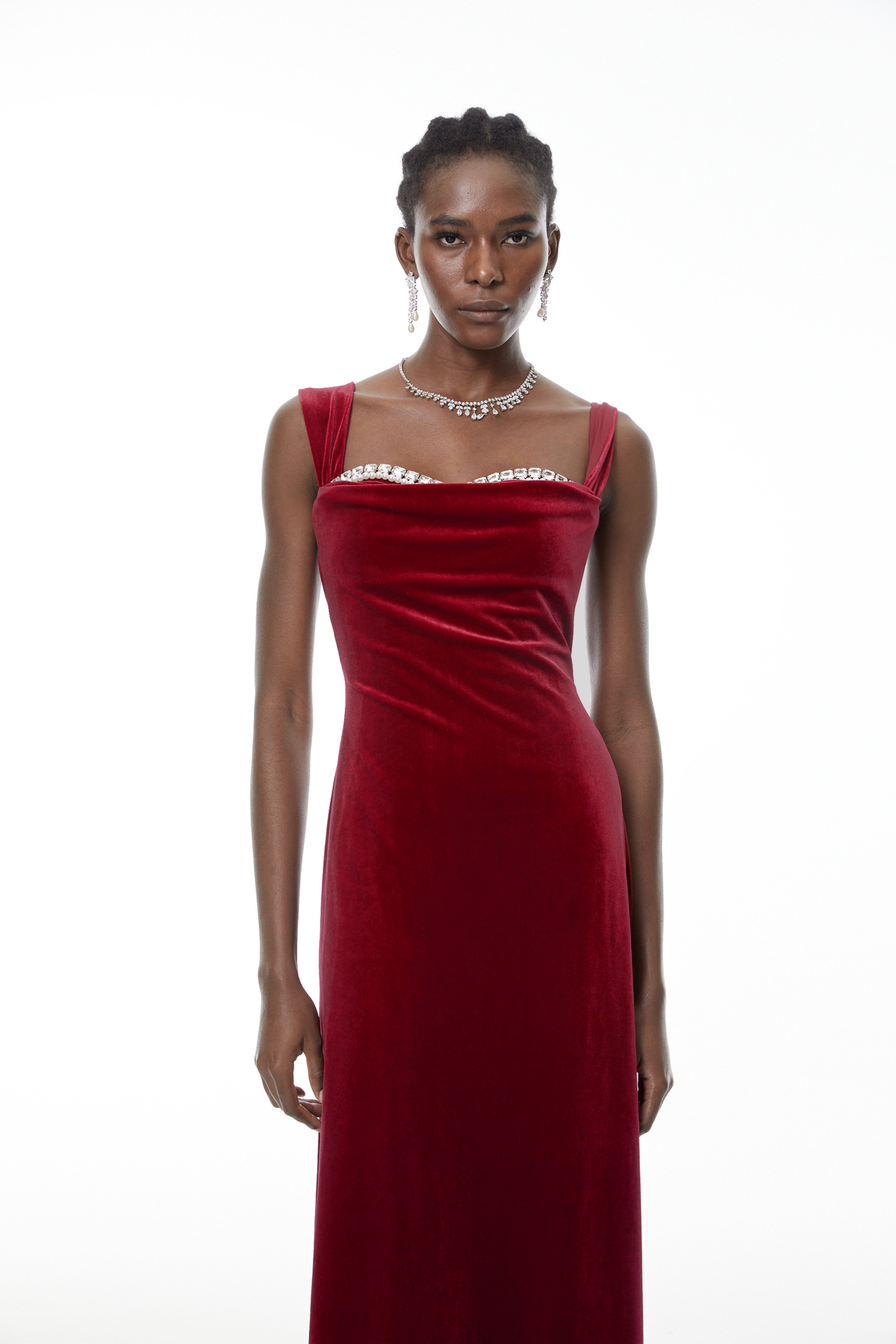 Eufrosina Red Velvet Maxi Dress with Crystals (Final Sale)