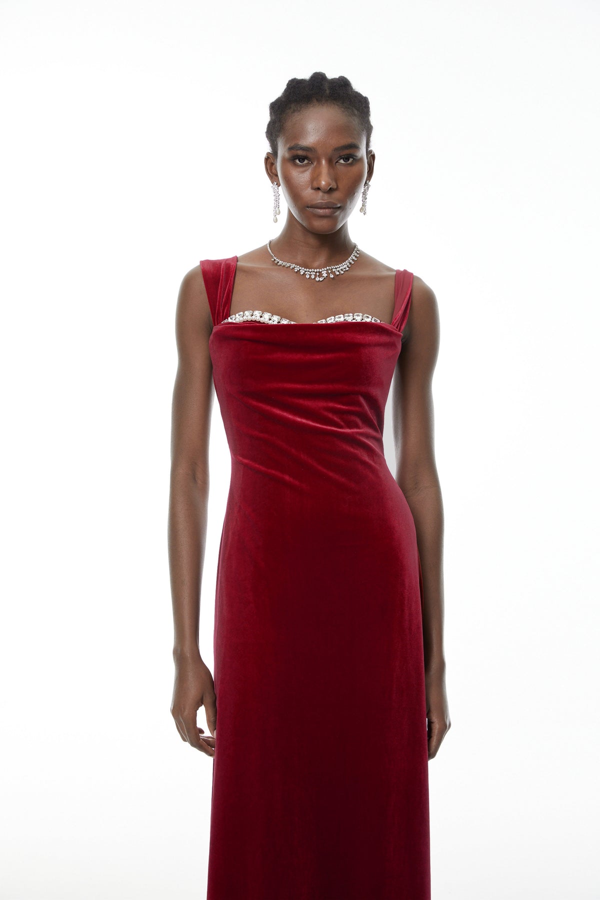 Eufrosina Red Velvet Maxi Dress with Crystals (Final Sale)