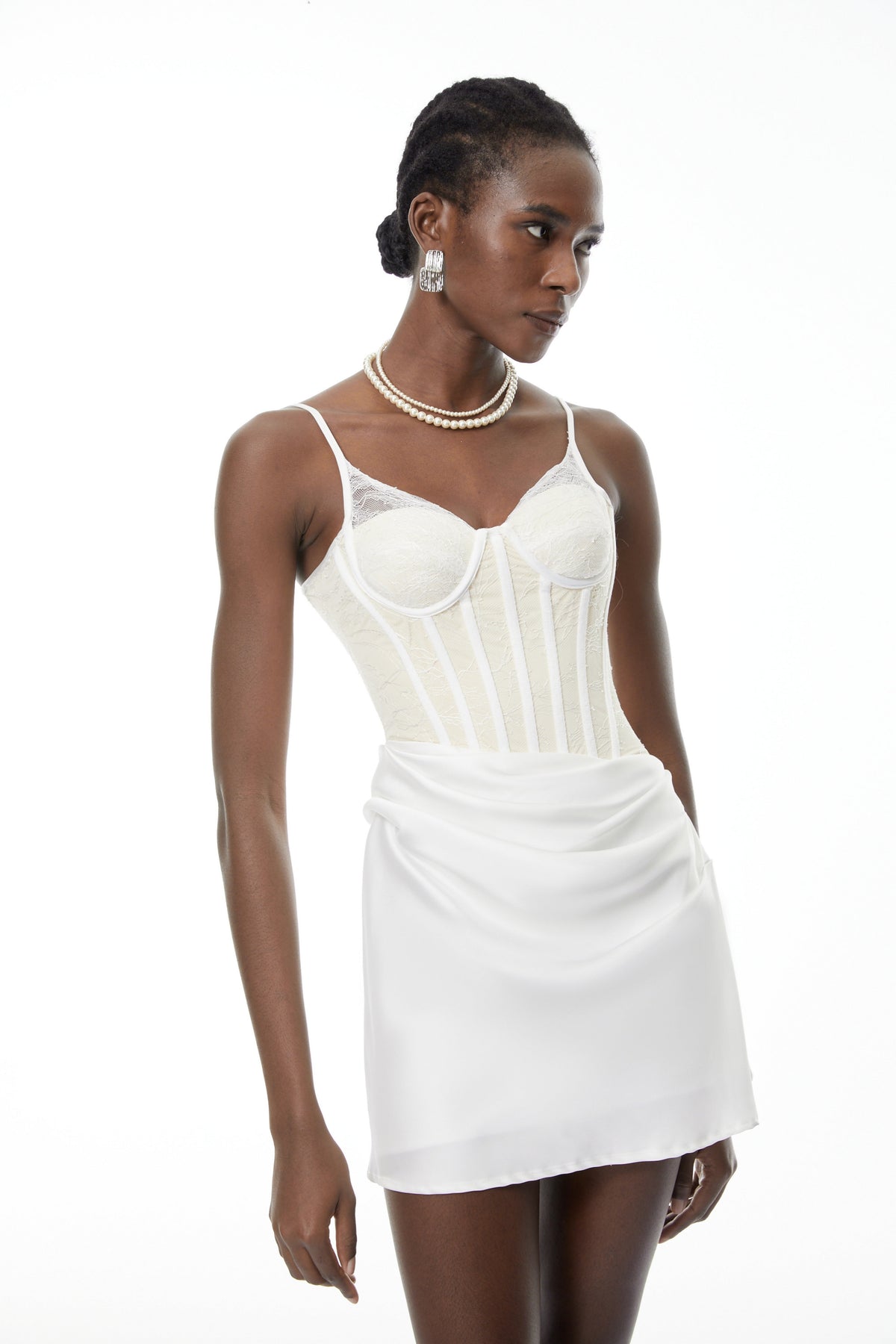 Eufrosina White Bodycon Mini Dress with Lace Panels