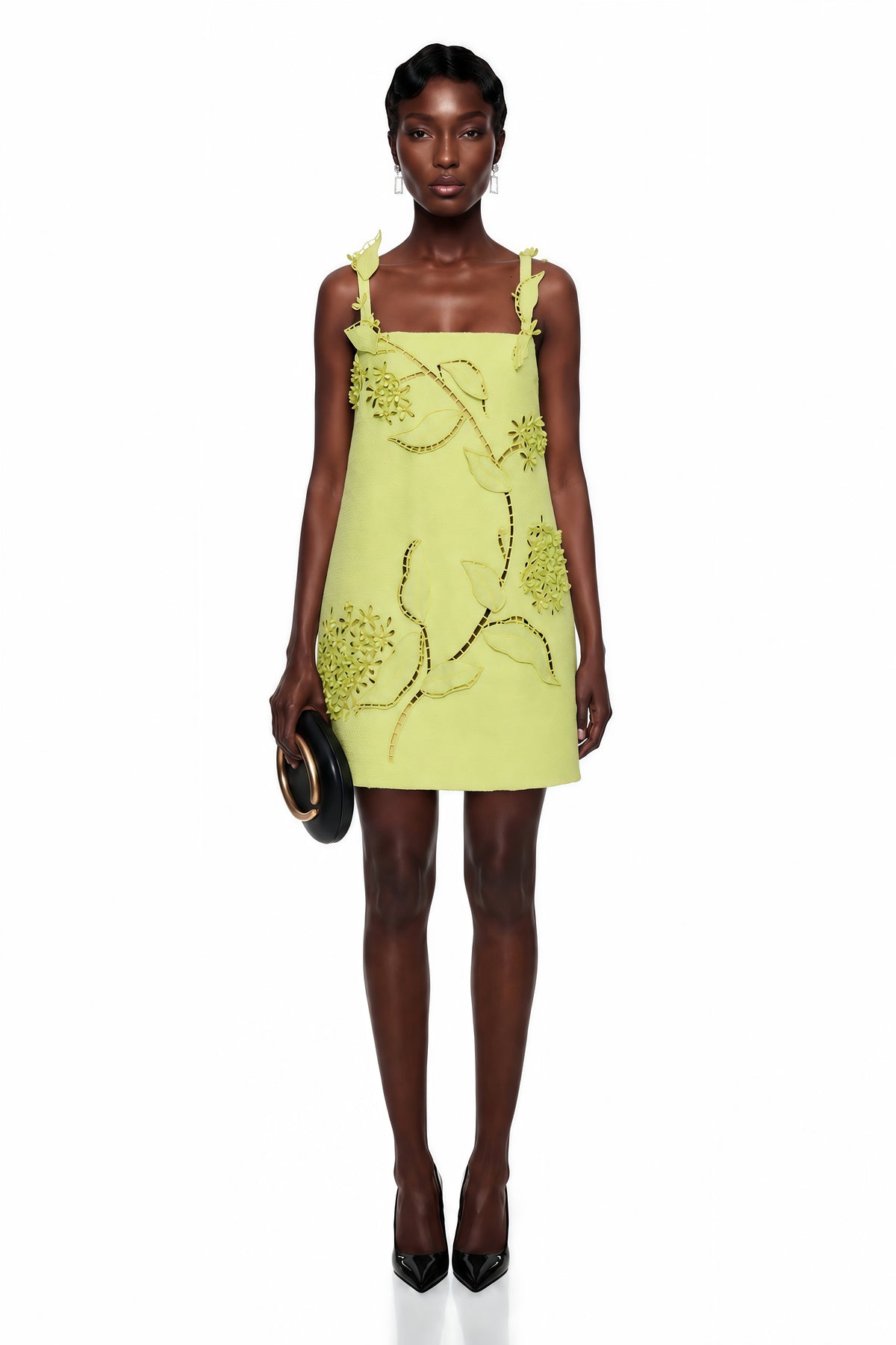 Eunice Chartreuse Floral Applique Mini Dress