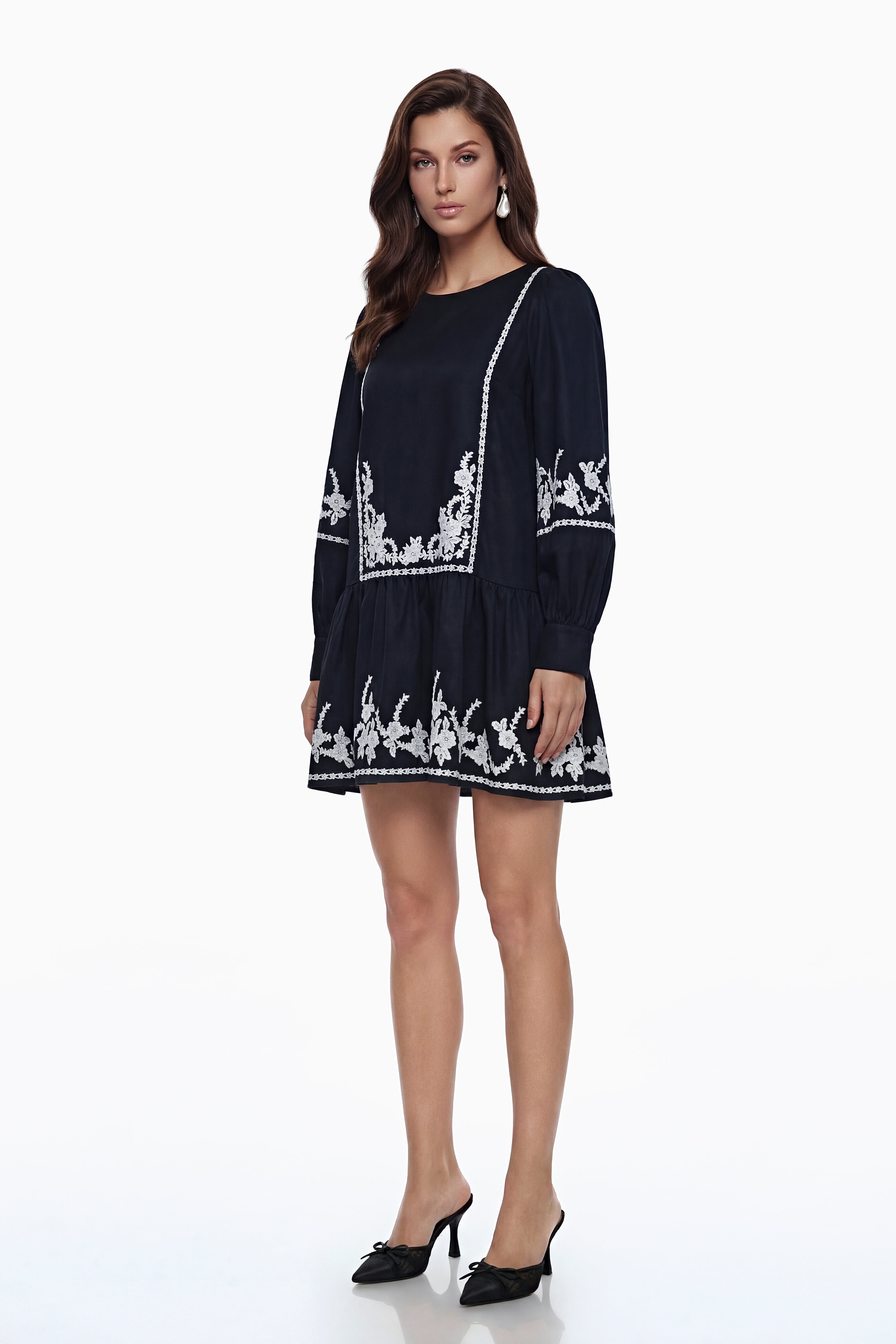 Eva Black Floral Embroidered Mini Dress