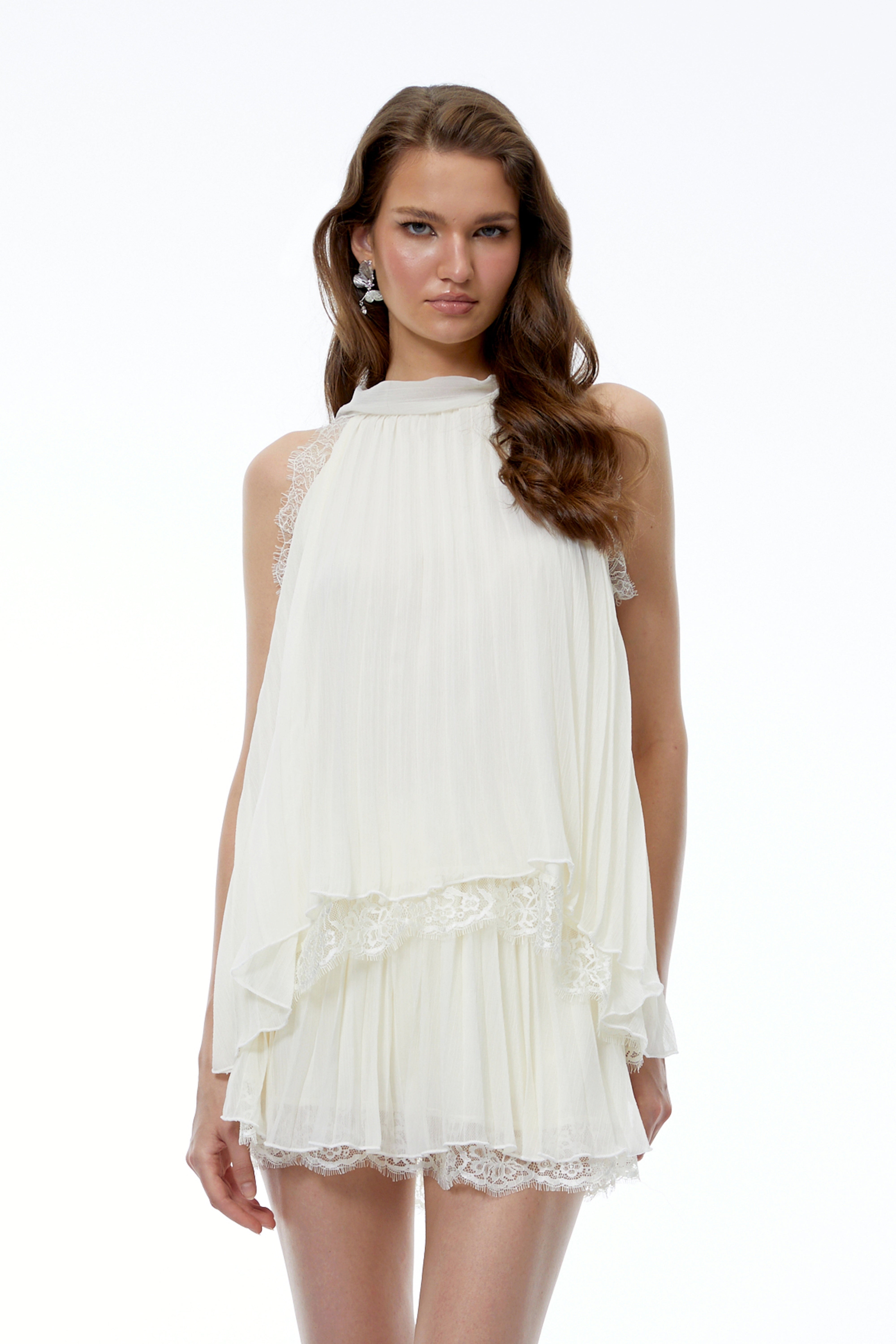 Eva Neutral Pleated Sleeveless Top & Skirt Set With Lace Trim