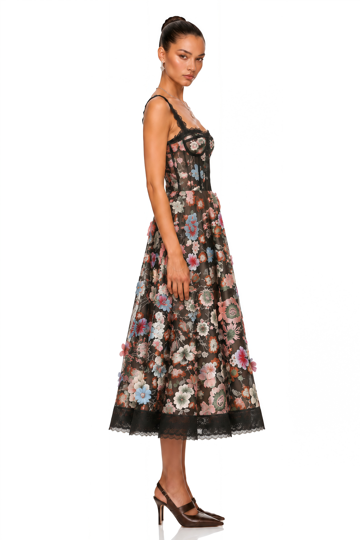 evadne black floral lace corset midi dress