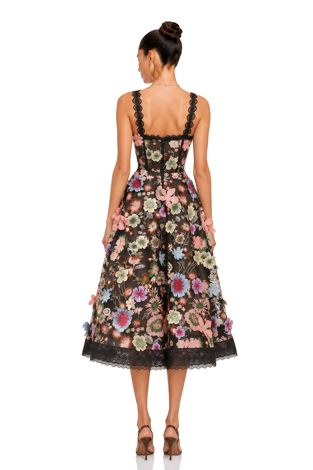 evadne black floral lace corset midi dress
